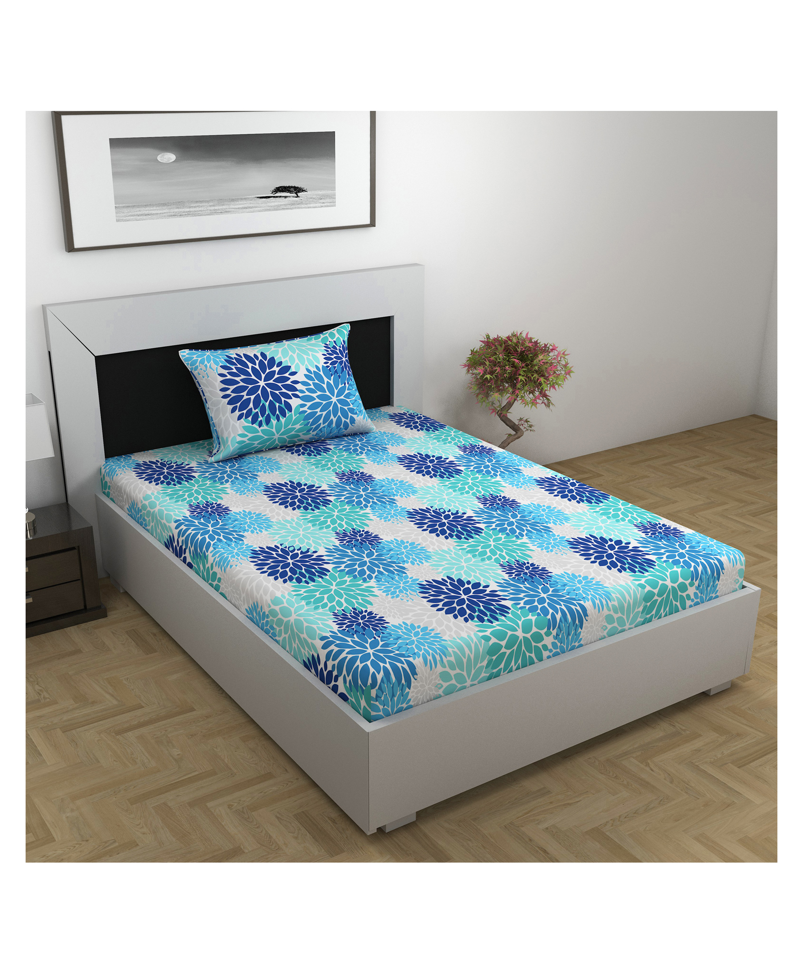 Divine Casa Prism Single Bed 100% Cotton 144 TC Single Bedsheet and Pillow Cover- Galaxy Blue-picture-10