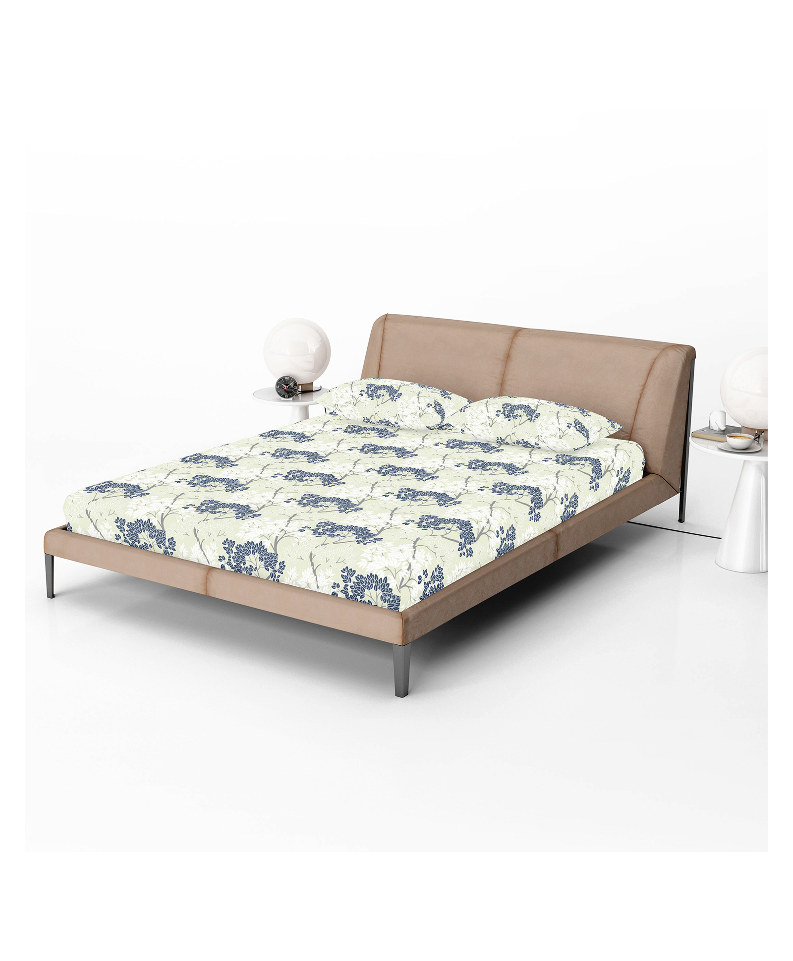 Divine Casa 100% Cotton 144 TC Cotton Floral Pattern Elastic Fitted Bedsheets Double Size with 2 Pillow Covers - Cream & Grey-picture-26