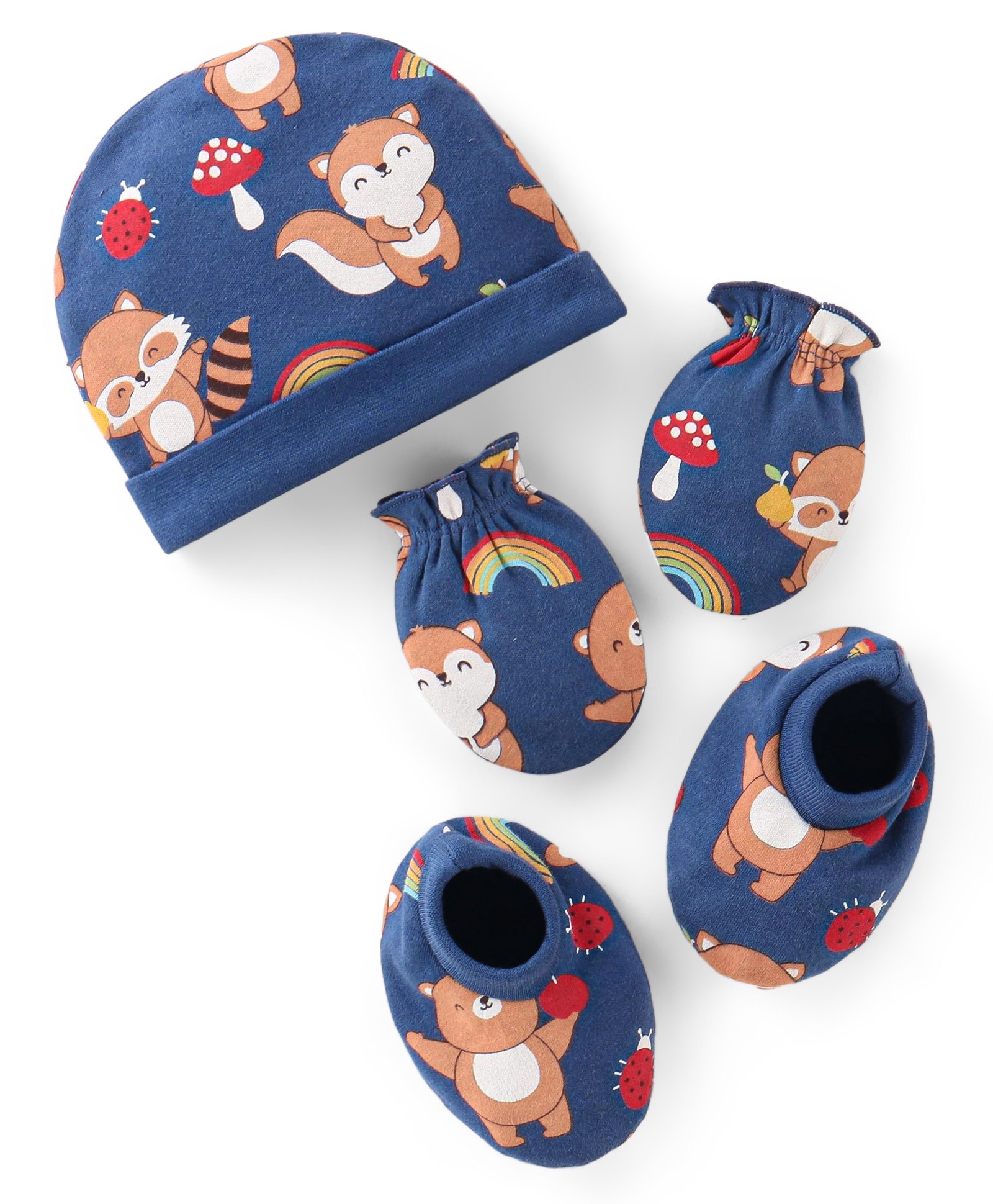 Babyhug 100% Cotton Cap Mittens & Booties Set Animal Print Blue - Diameter 13 cm-image-23