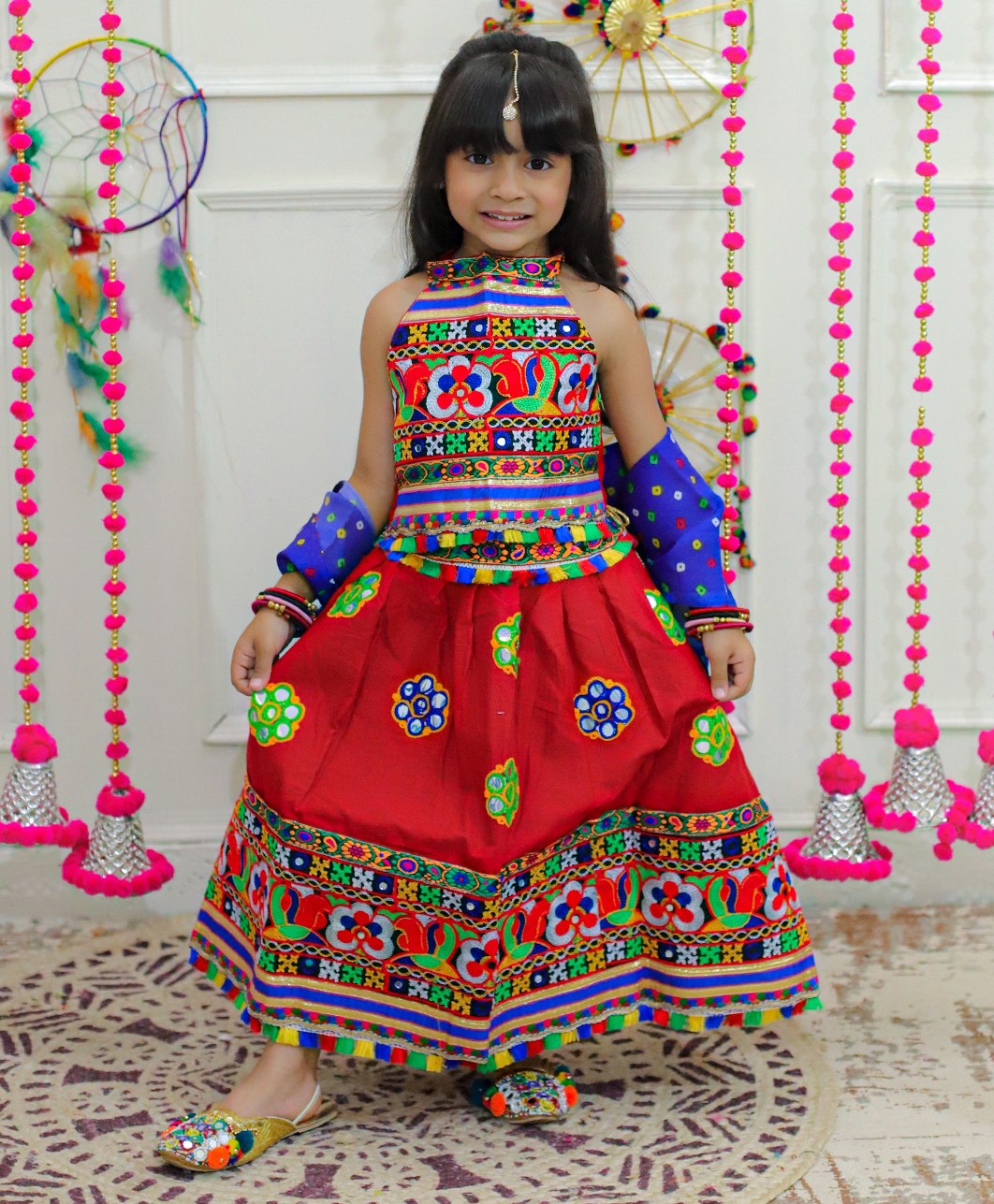 BownBeeNavratri Theme Sleeveless Banjara Floral Embroidered &Mirror Work EmbellishedChaniya Choli With Dupatta -Red