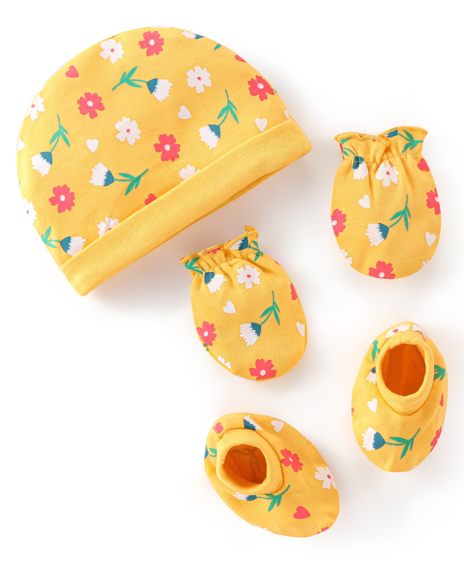 Babyhug 100% Cotton Cap Mittens & Booties With Floral Print - Yellow-image-49