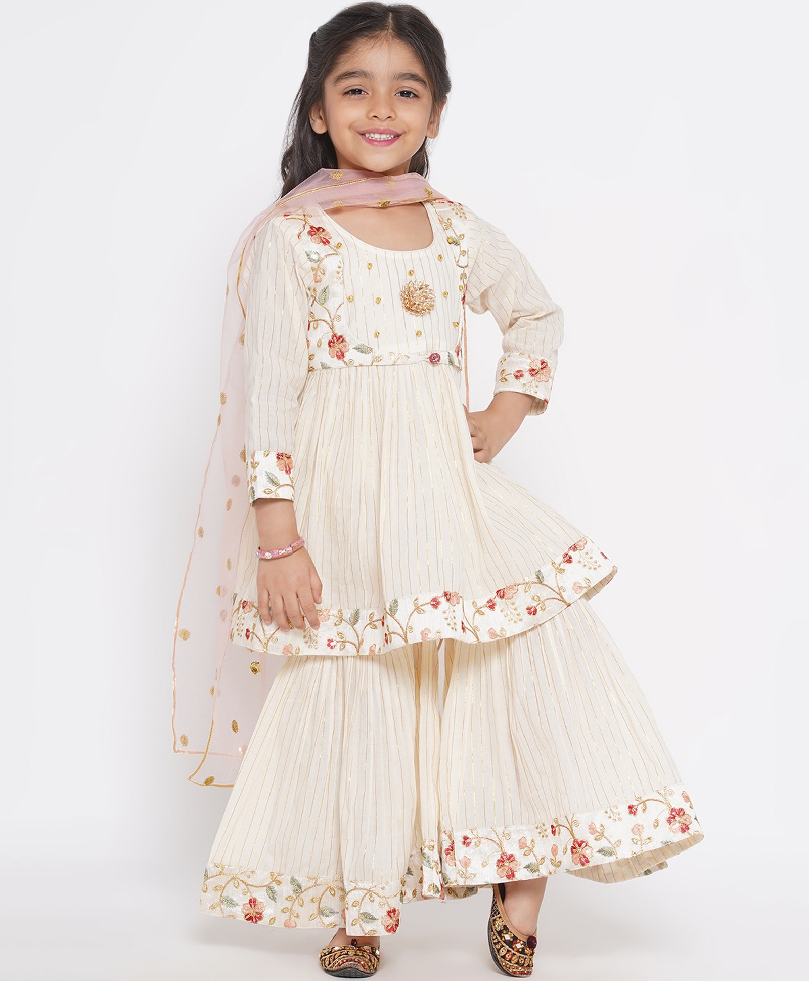 Little Bansi Three Fourth Sleeves Gota Flower Embellished With Lurex Striped & Ghungroo Work Detailed Coordinating Kurta & Sharara Set - Cream-image-13
