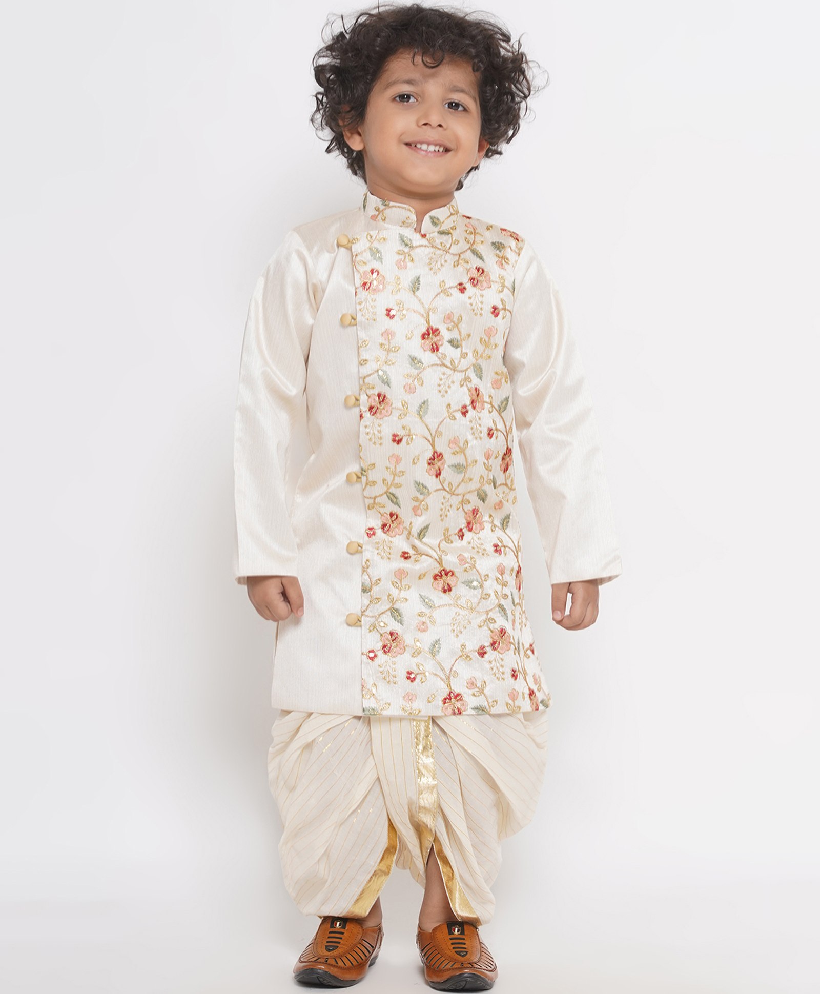 Little Bansi Full Sleeves Sequin Embellished & Floral Embroidered Kurta With Lurex Striped Dhoti - Cream-image-24
