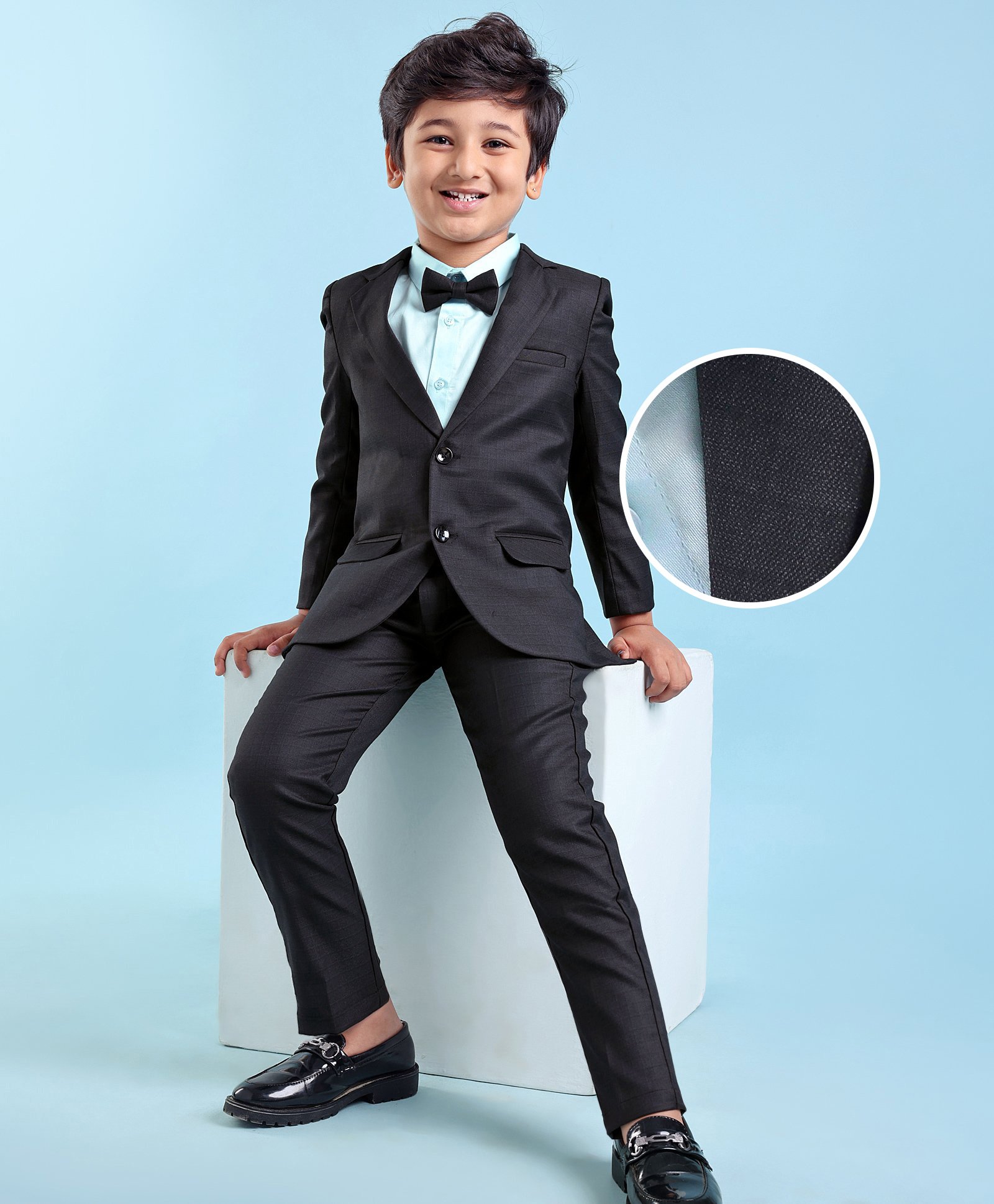 Mark & Mia Woven Full Sleeves Three Piece Solid Colour Party Suit with Bow- Blue-image-15