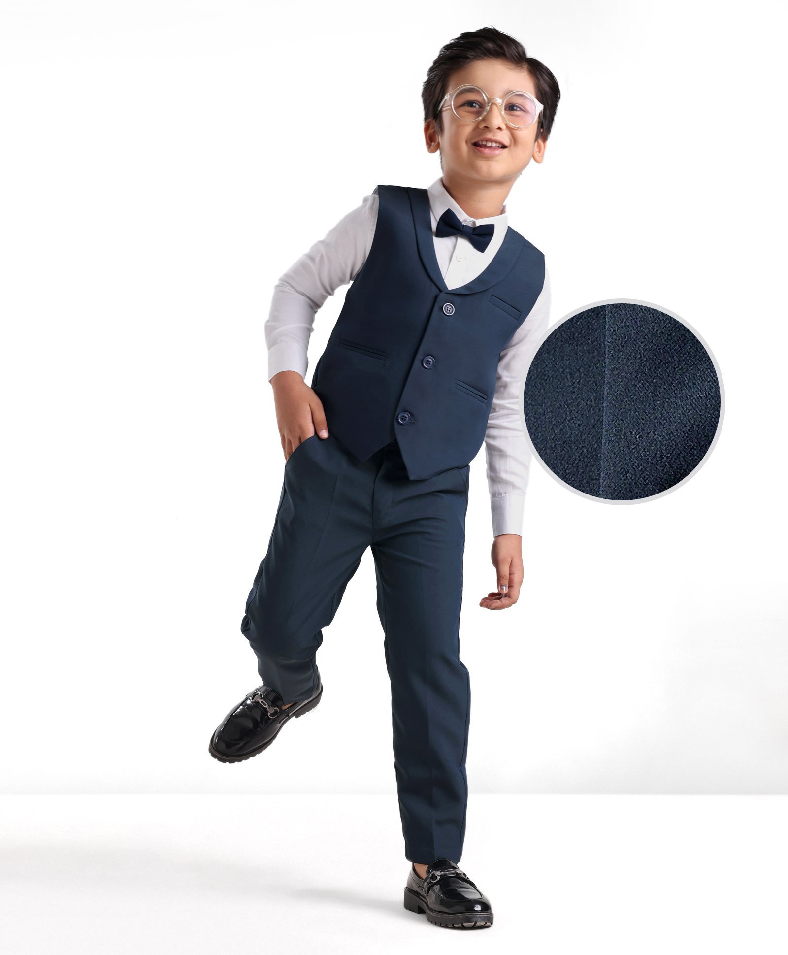 Mark & Mia Full Sleeves Party Suits with Waist Coat & Bow Detailing -White & Navy Blue-picture-12