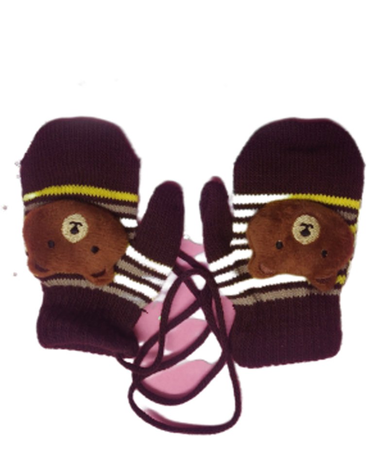 Kid-O-World Bear Face Detailed & Striped Mittens - Brown-image-30