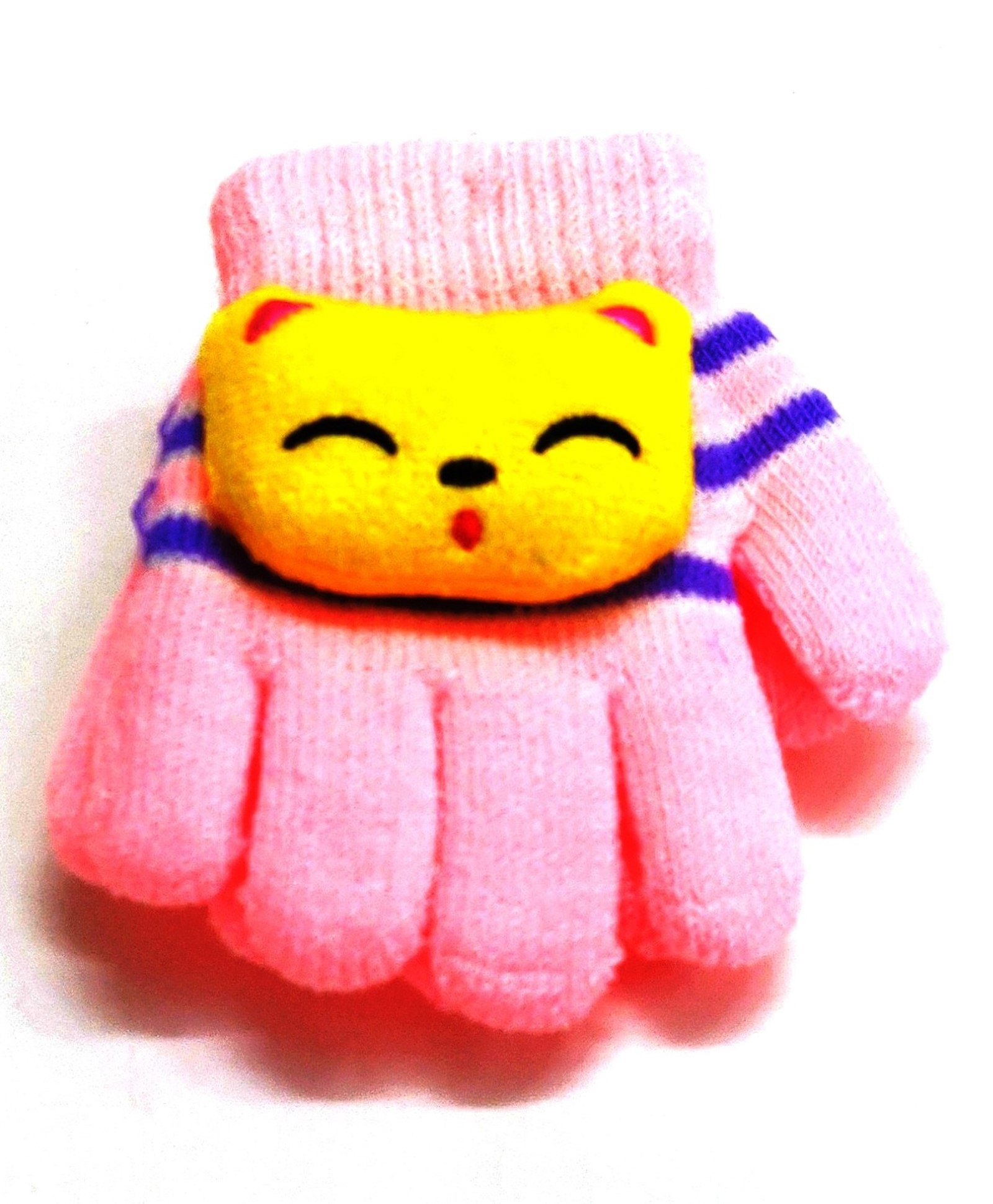 Kid-O-World Animal Face Patch Detailed & Striped Gloves - Light Pink
