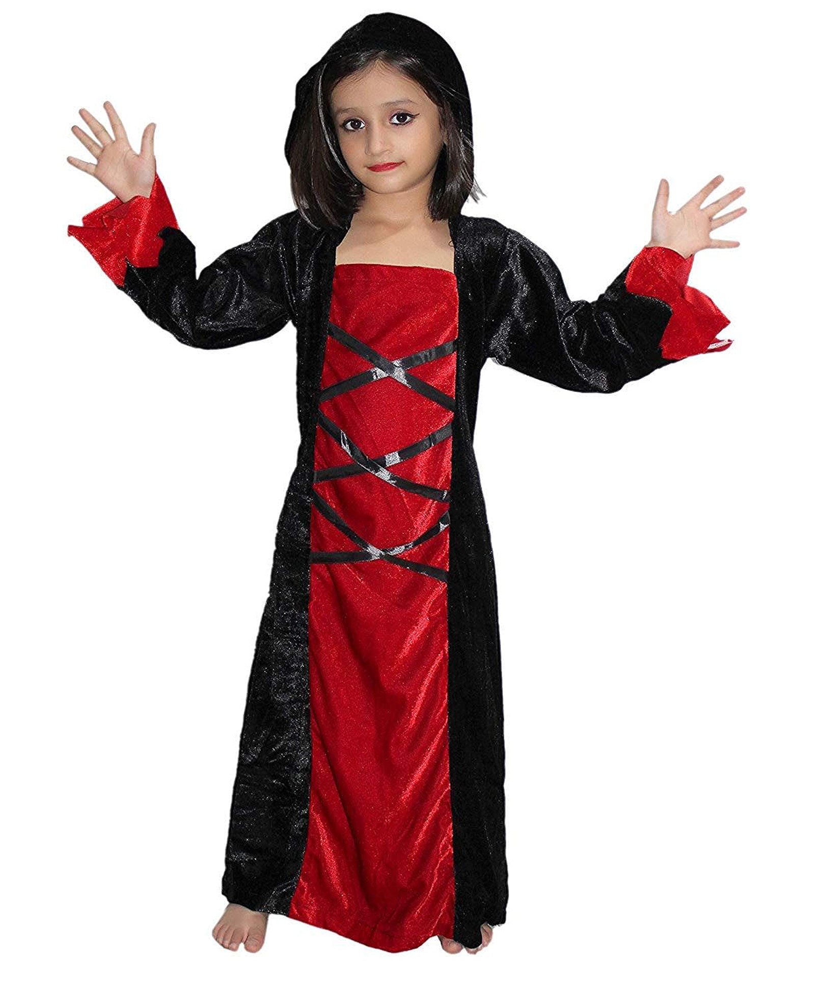 Kaku Fancy Dress Three Fourth Sleeves Halloween Theme Witch Hooded Costume For Girls - Red & Black-image-33