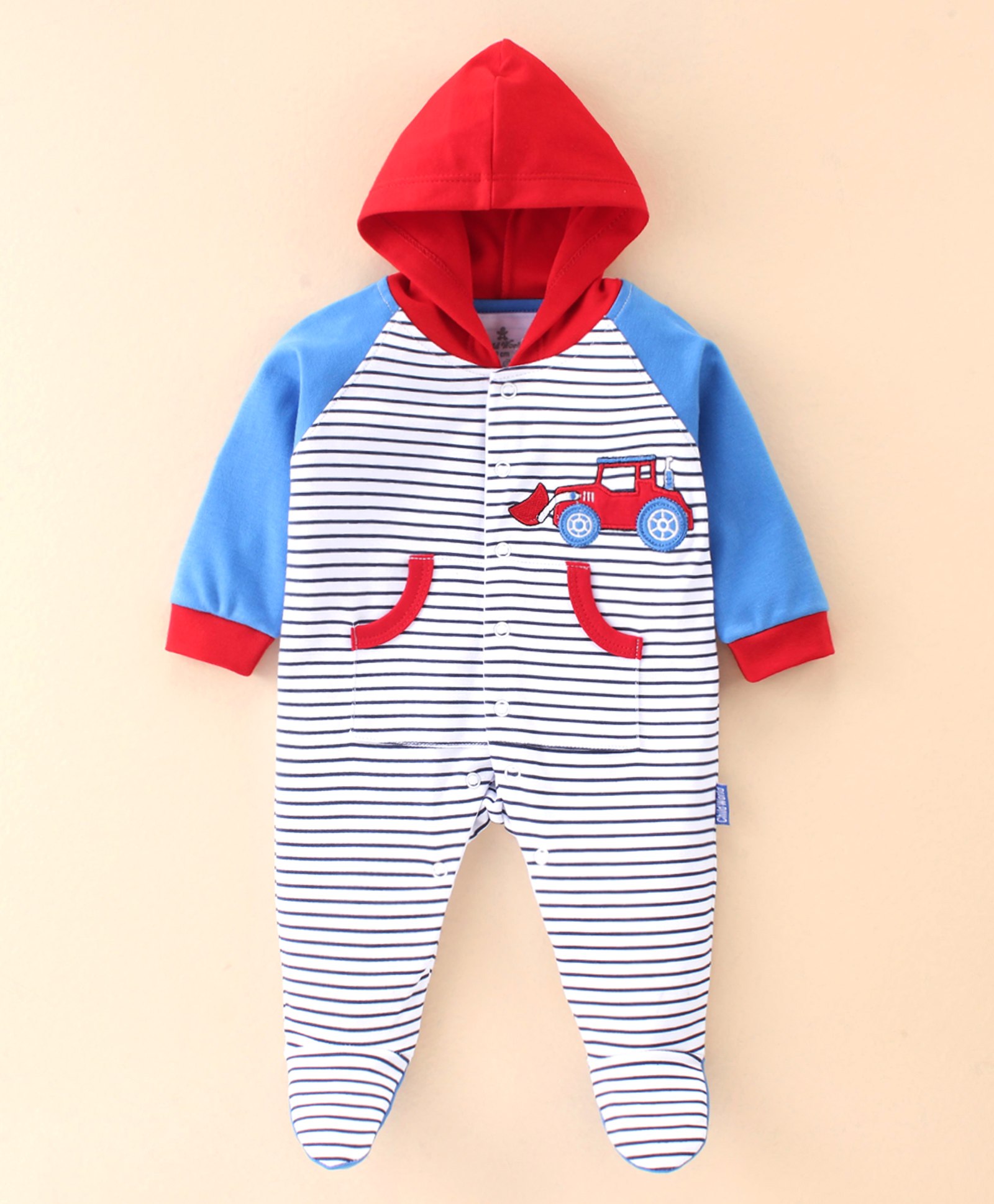 Child World Cotton Interlock Knit Full Sleeves Hooded Sleepsuit Stripes & Construction Vehicle Embroidery - Blue White & Red-image-20
