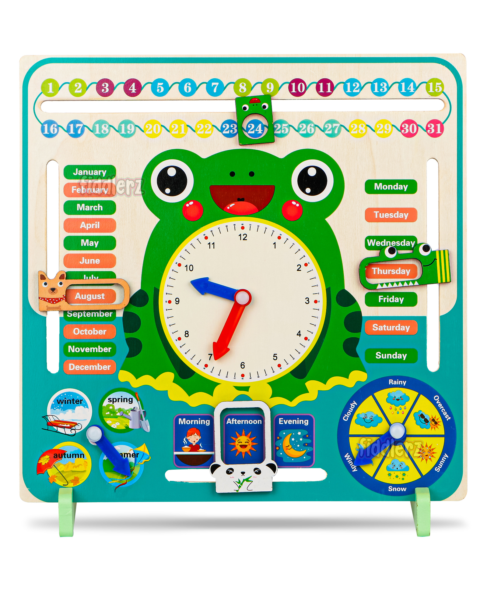 Fiddlerz Multi functional 3 in 1 Shapes Wooden Learning Calendar Clock for Kids - Multicolour-picture-10
