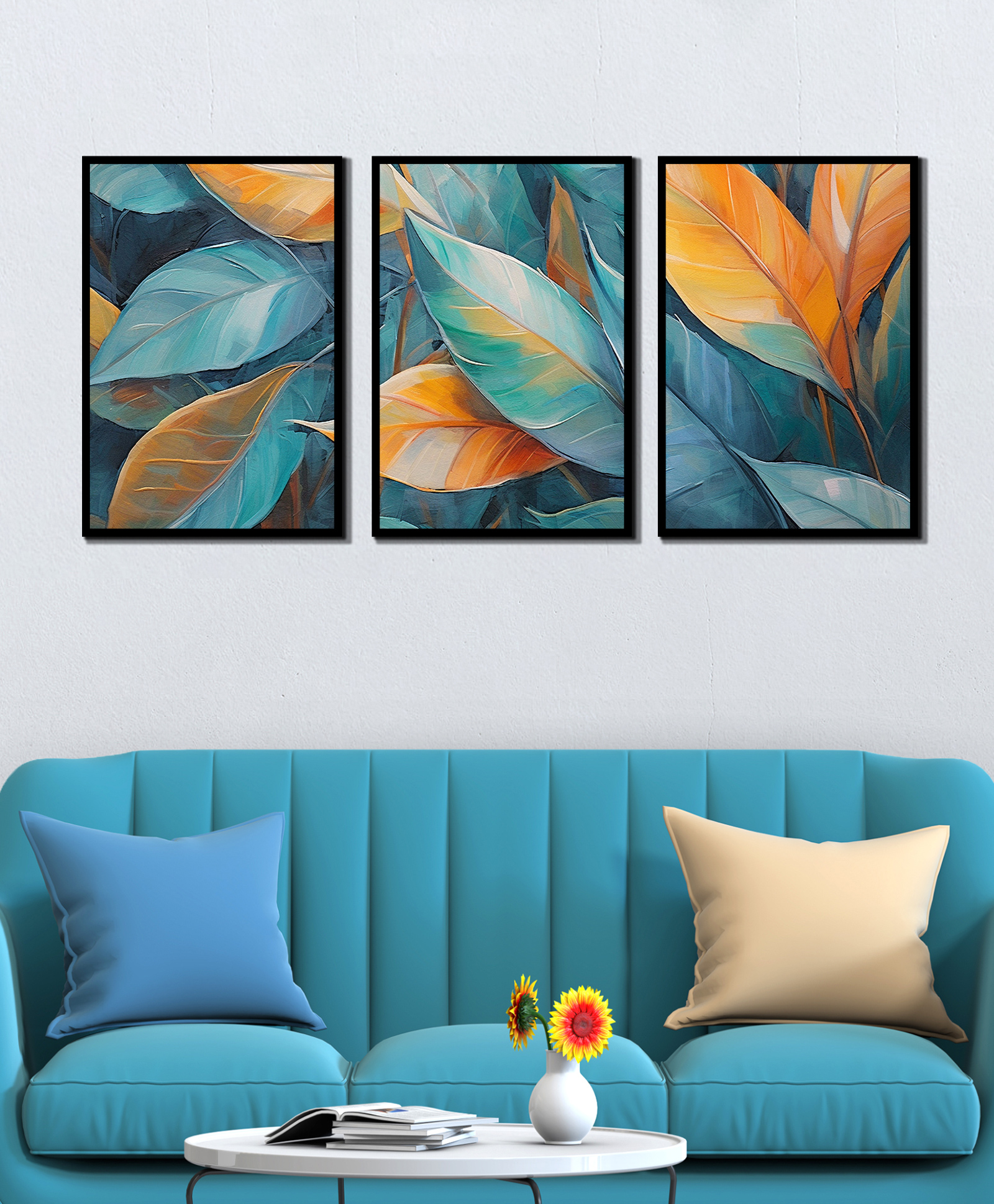 WENS leaf texture pattern  Framed Canvas Set of 3 Painting for Home Decor 19 Inch x 39 Inch-image-39