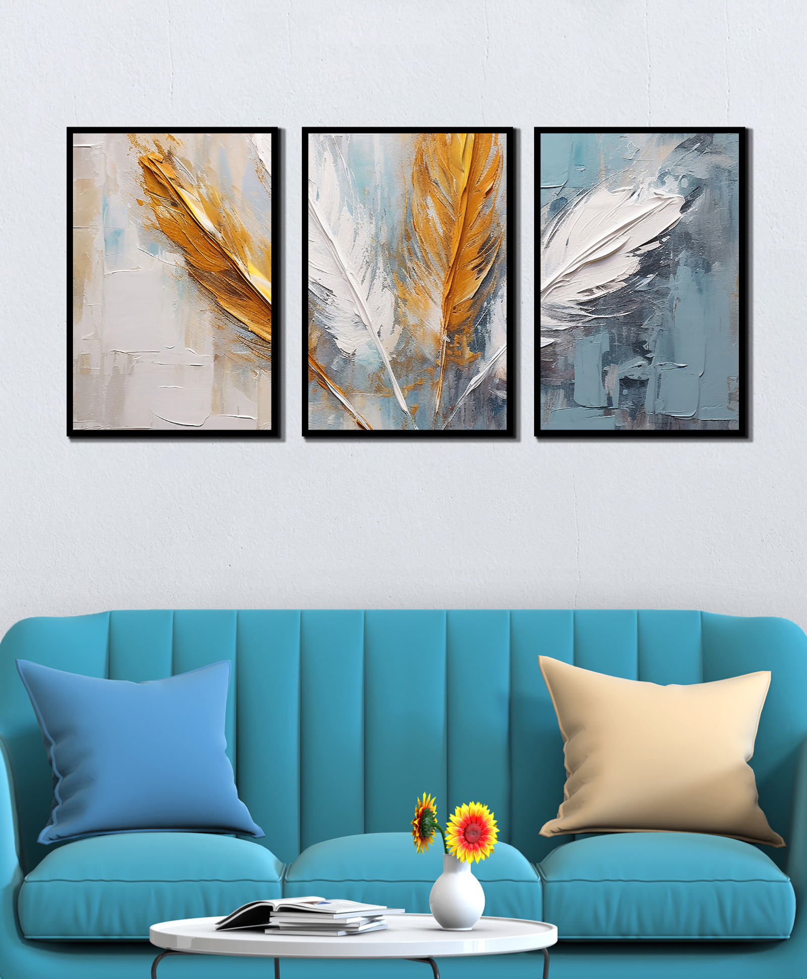 WENS Abstract  Feather Framed Canvas Set of 3 Painting for Home Decor 19 Inch x 39 Inch-image-16