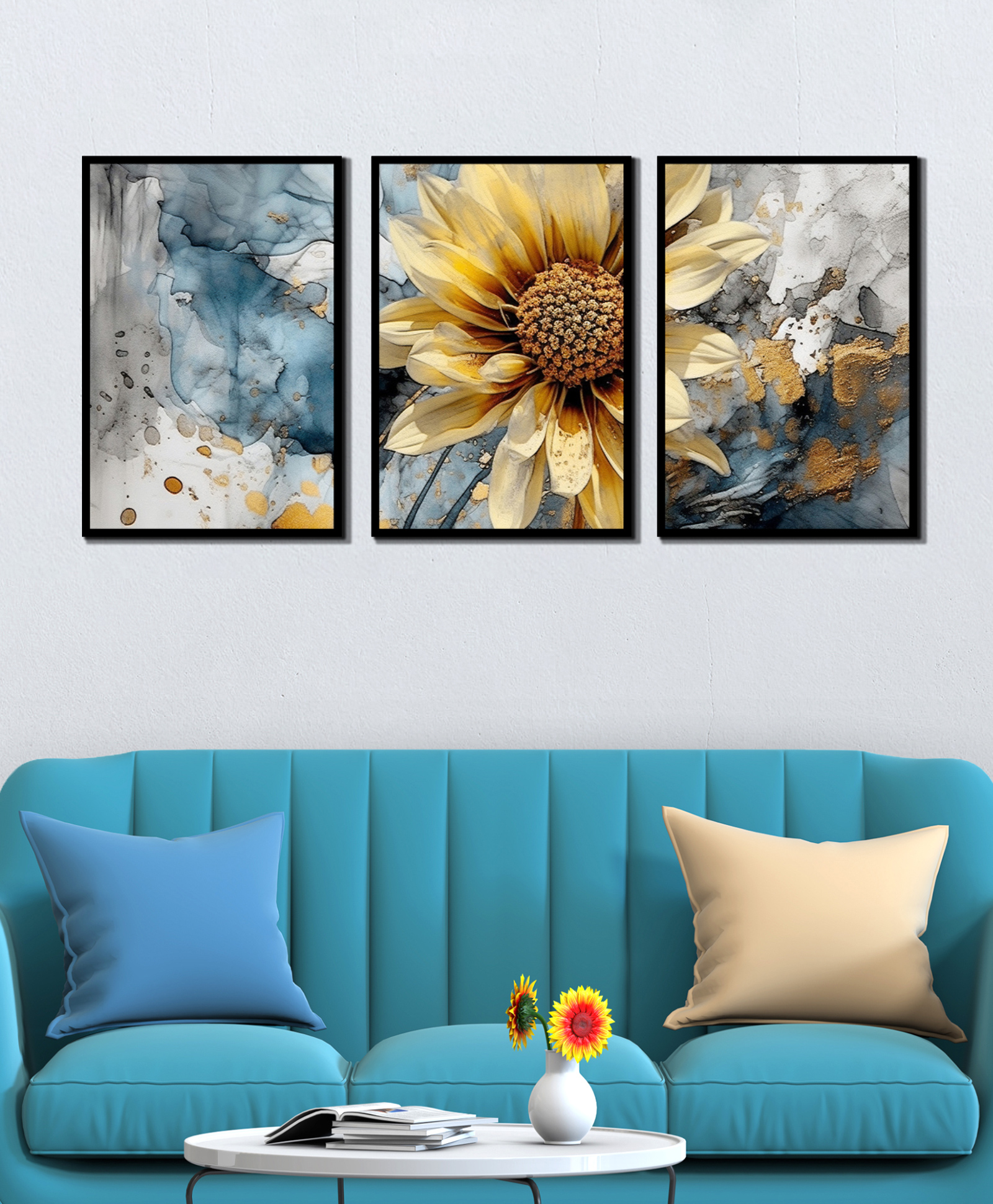 WENS Abstract Sunflower Framed Canvas Set of 3 Painting for Home Decor 19 Inch x 39 Inch-image-17