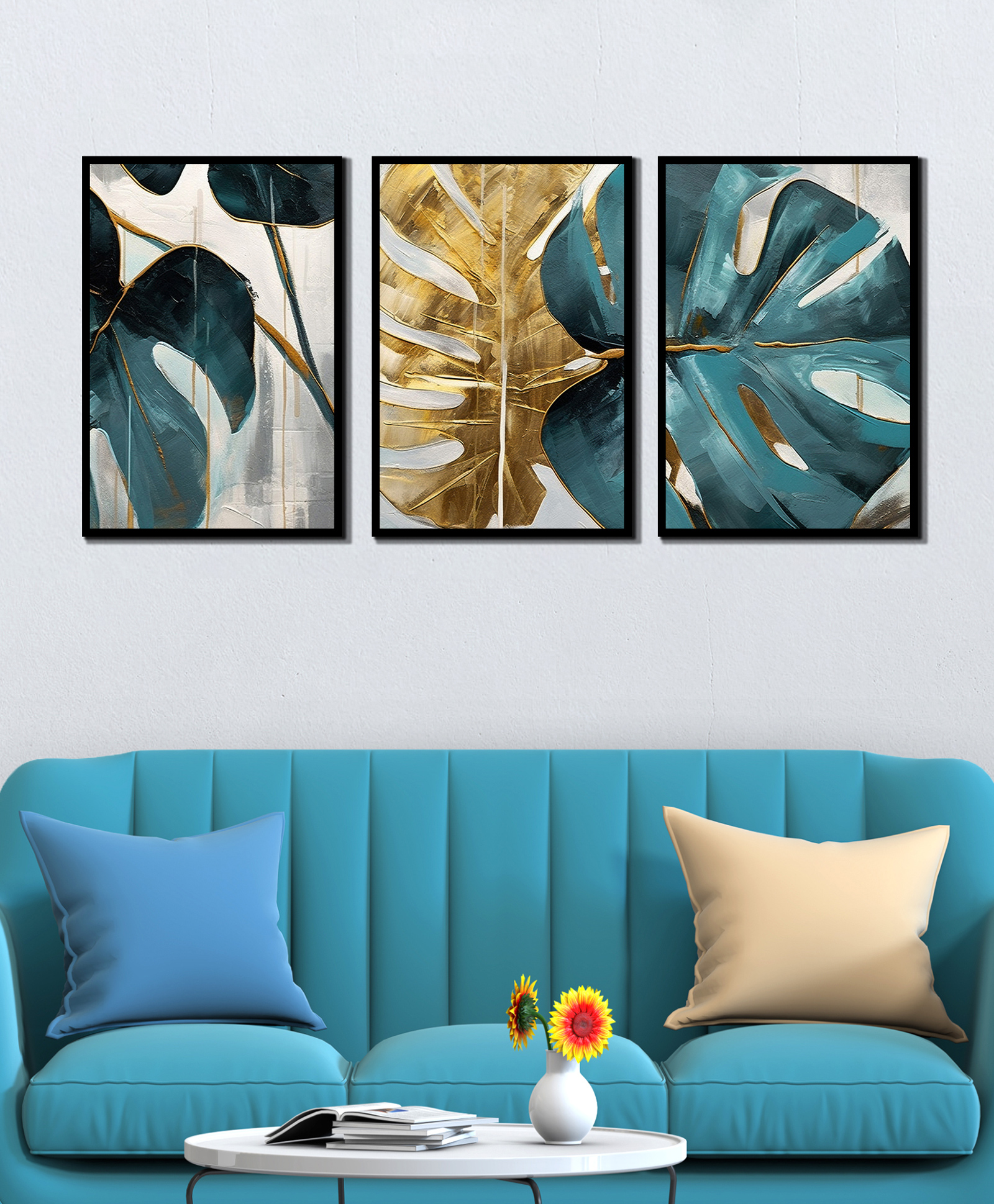 WENS Abstract Art Leaf Framed Canvas Set of 3 Painting for Home Decor 19 Inch x 39 Inch-image-18