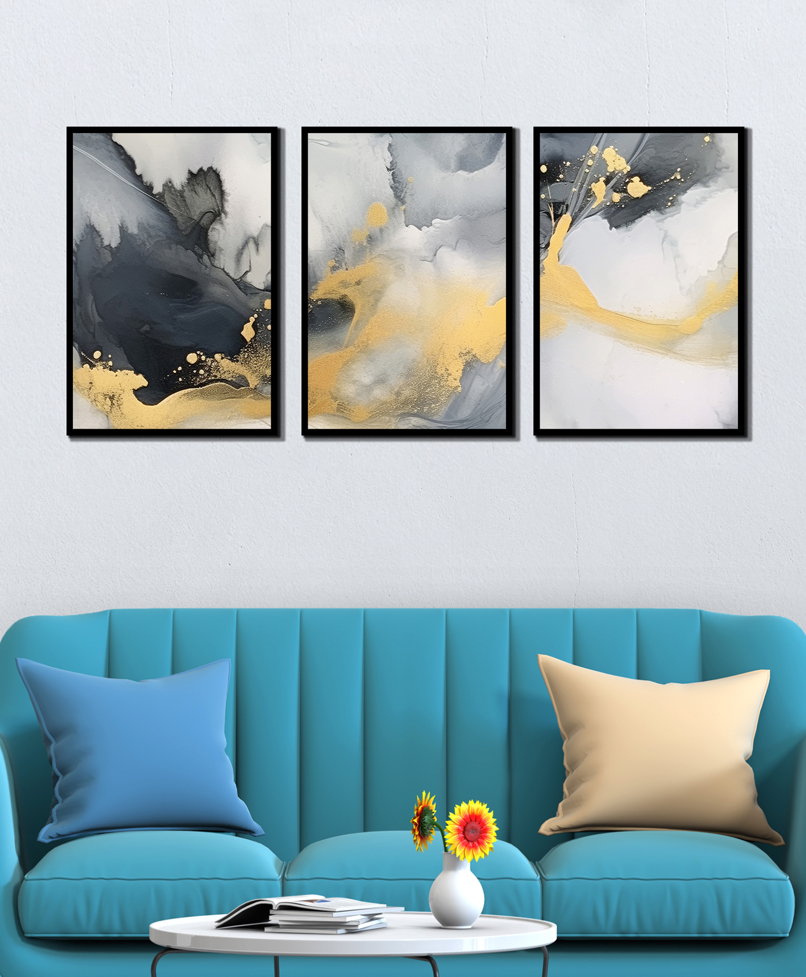 WENS Marble Print Framed Canvas Set of 3 Painting for Home Decor 19 Inch x 39 Inch-image-3