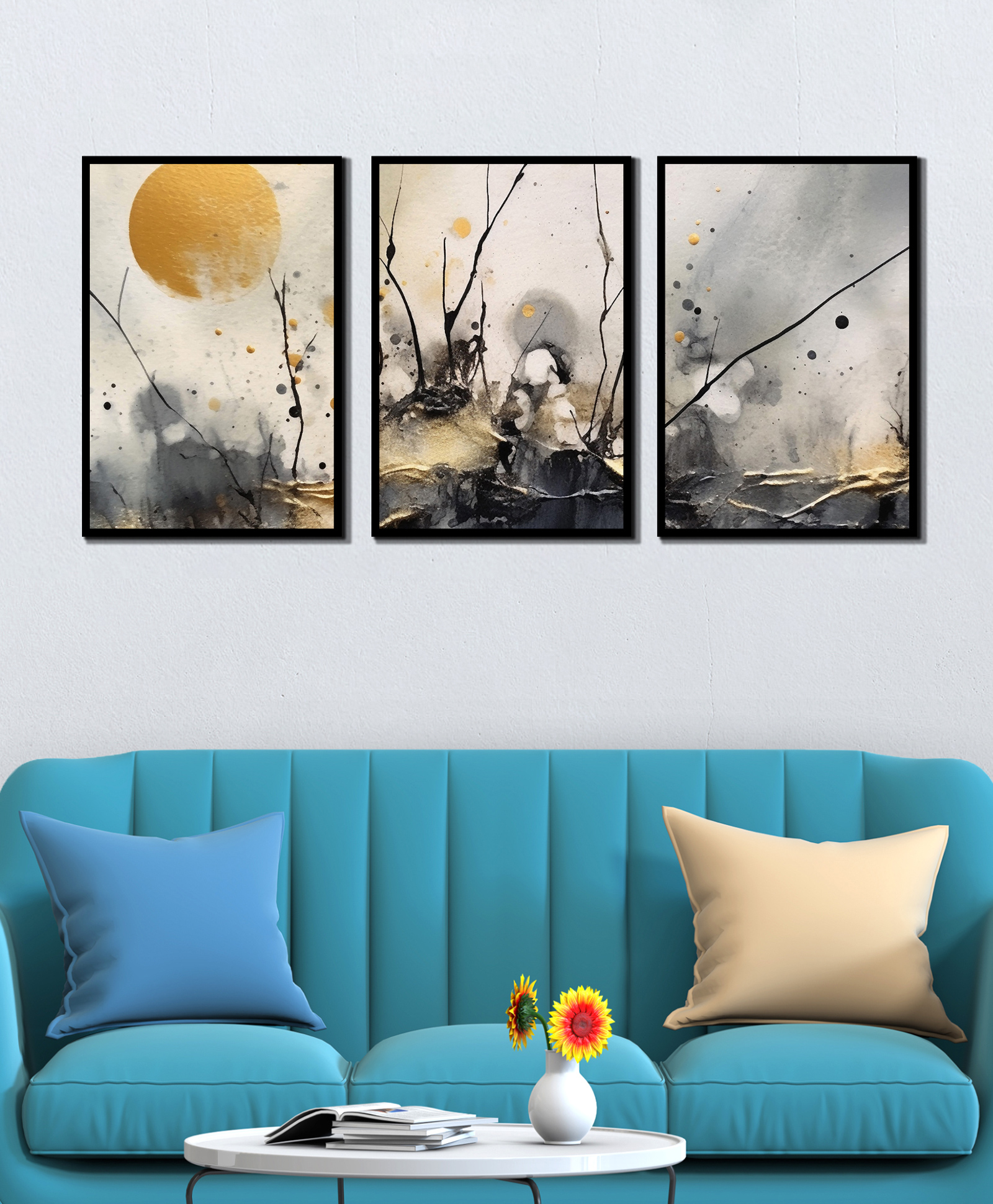 WENS Abstract Black Golden Framed Canvas Set of 3 Painting for Home Decor 19 Inch x 39 Inch-image-6