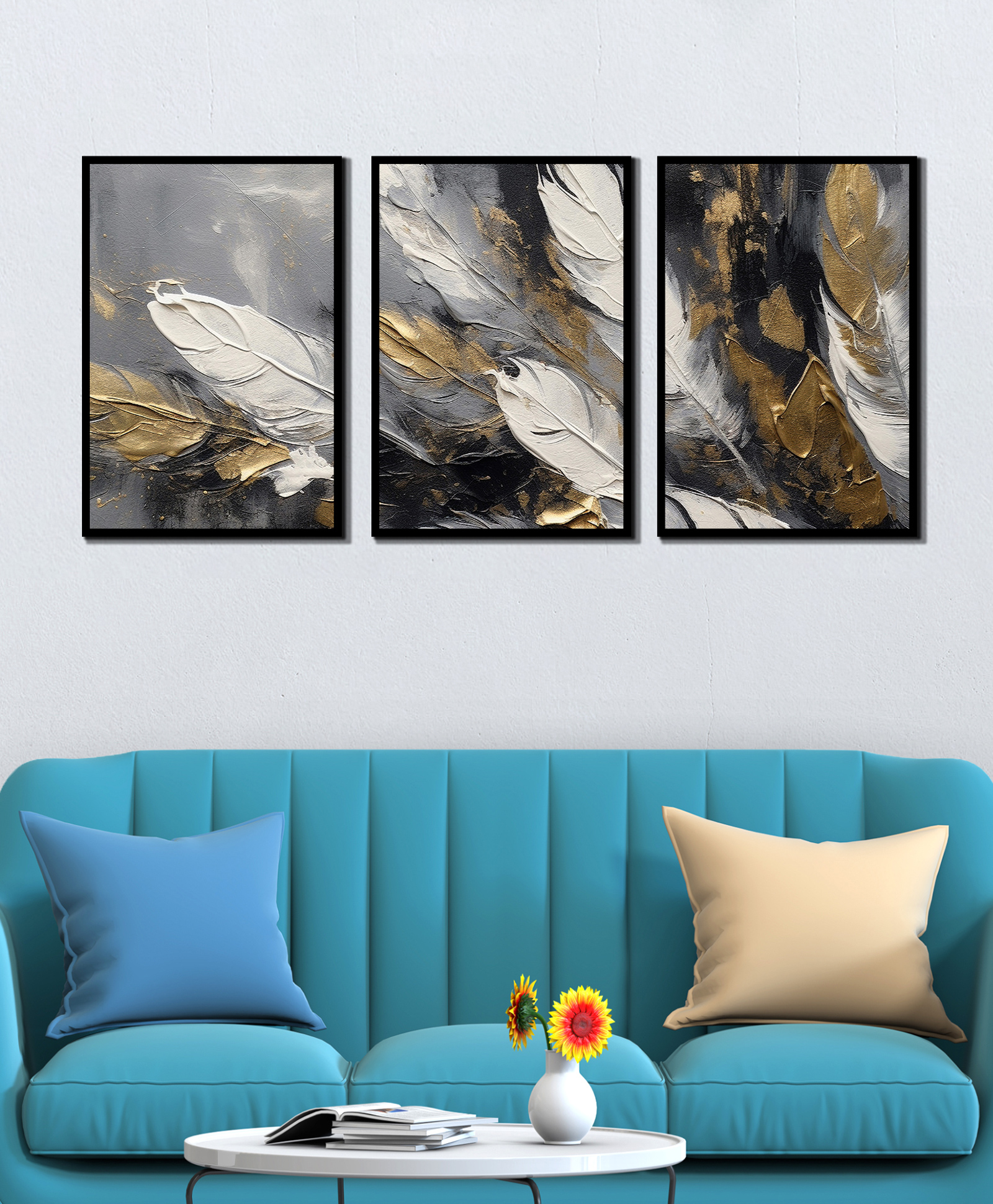 WENS Abstract Feather Framed Canvas Set of 3 Painting for Home Decor 19 Inch x 39 Inch-image-20