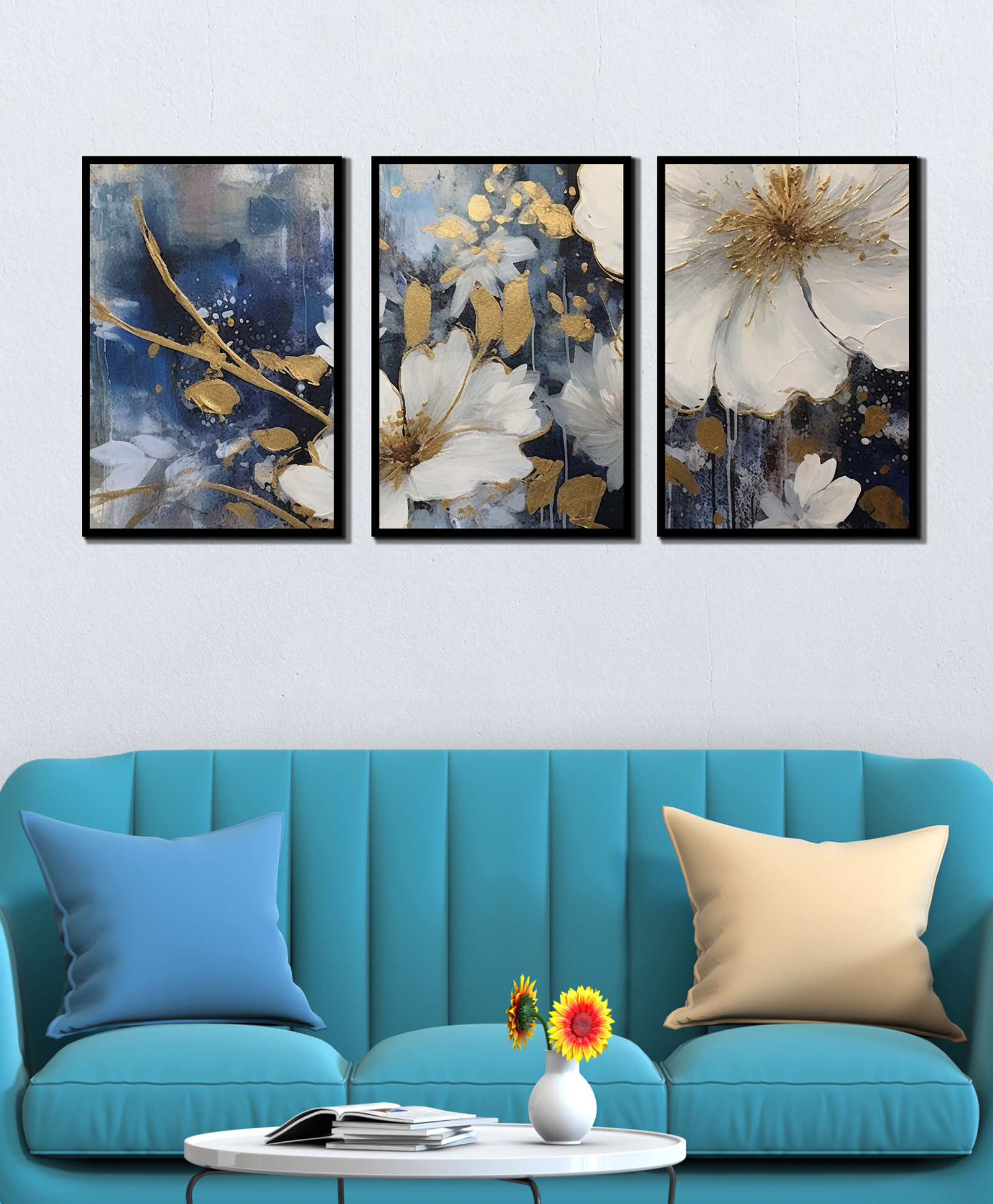 WENS White Flower Framed Canvas Set of 3 Painting for Home Decor 19 Inch x 39 Inch-image-4