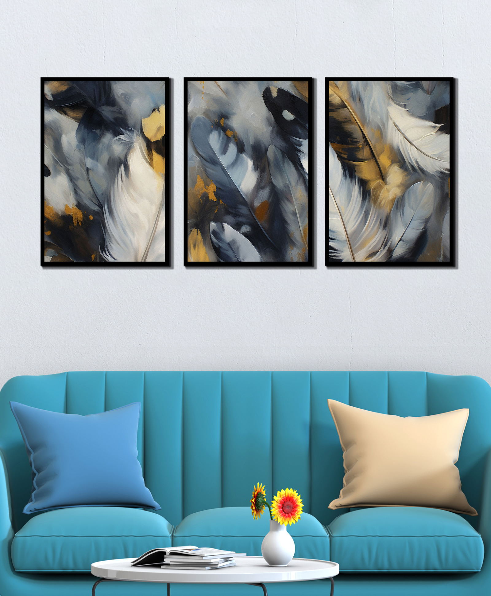 WENS Abstract Colorful Feather Framed Canvas Set of 3 Painting for Home Decor 19 Inch x 39 Inch-image-21