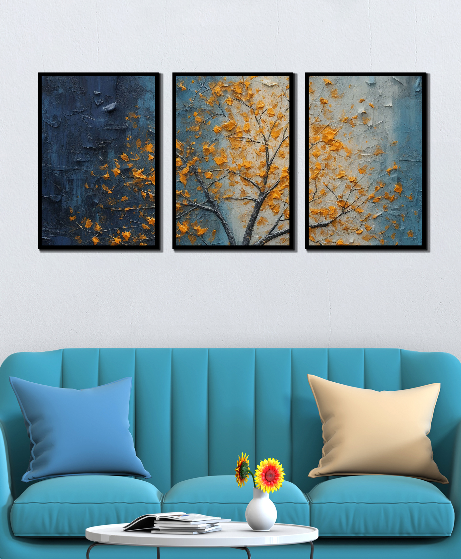 WENS Abstract Yellow Tree Framed Canvas Set of 3 Painting for Home Decor 19 Inch x 39 Inch-image-10
