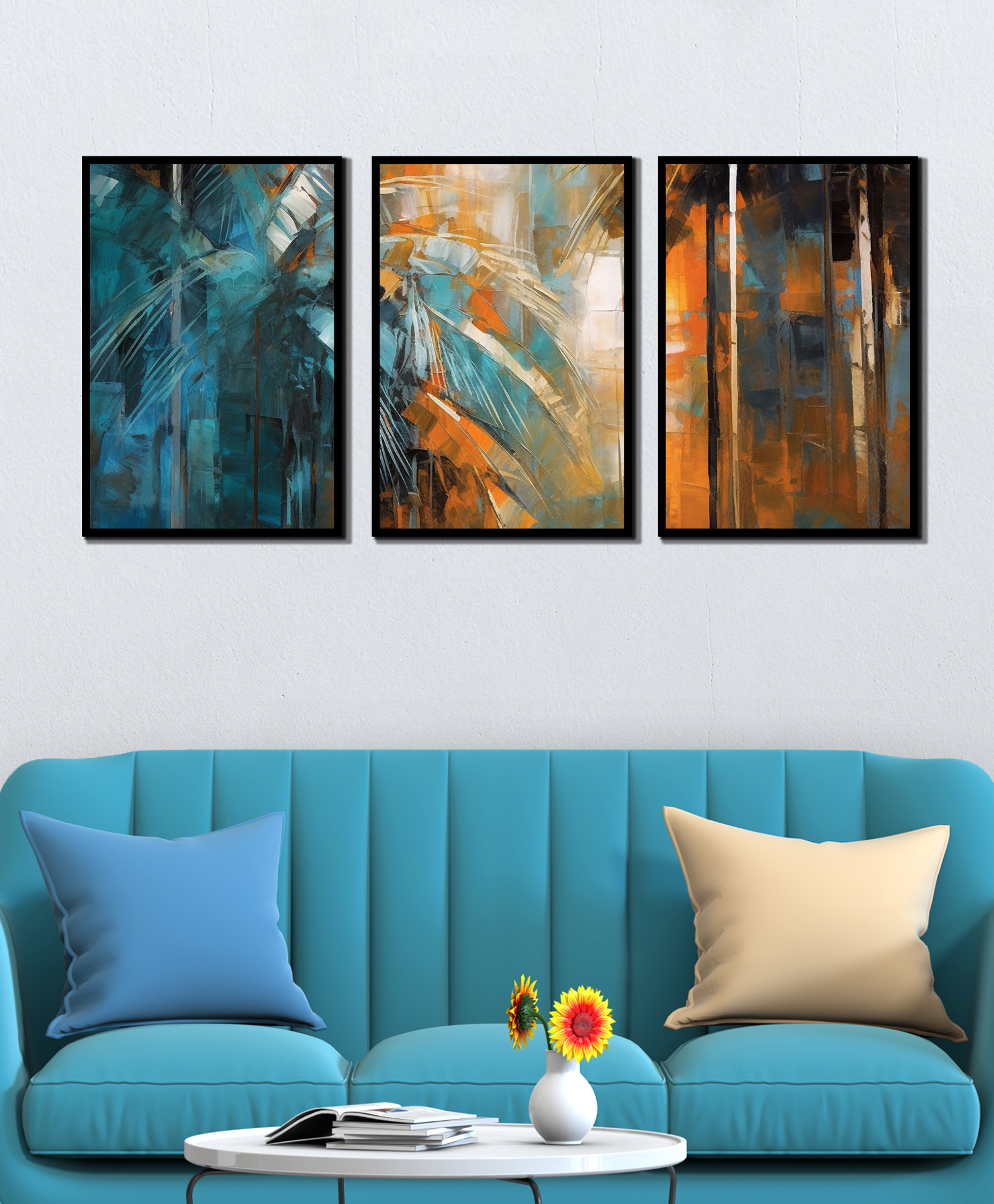 WENS Abstract Art Framed Canvas Set of 3 Painting for Home Decor 19 Inch x 39 Inch-image-4