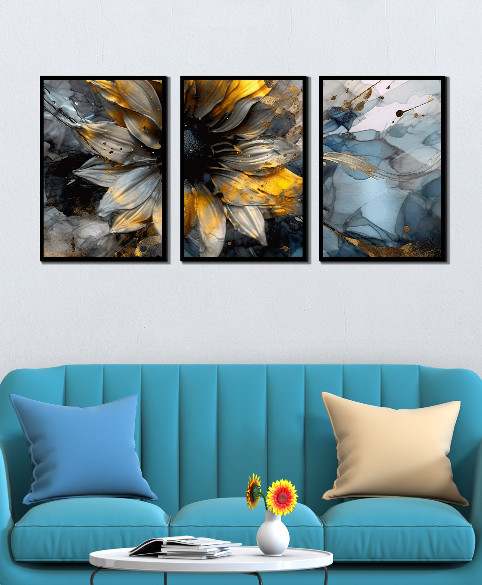 WENS Abstract Flower Framed Canvas Set of 3 Painting for Home Decor 19 Inch x 39 Inch-image-12