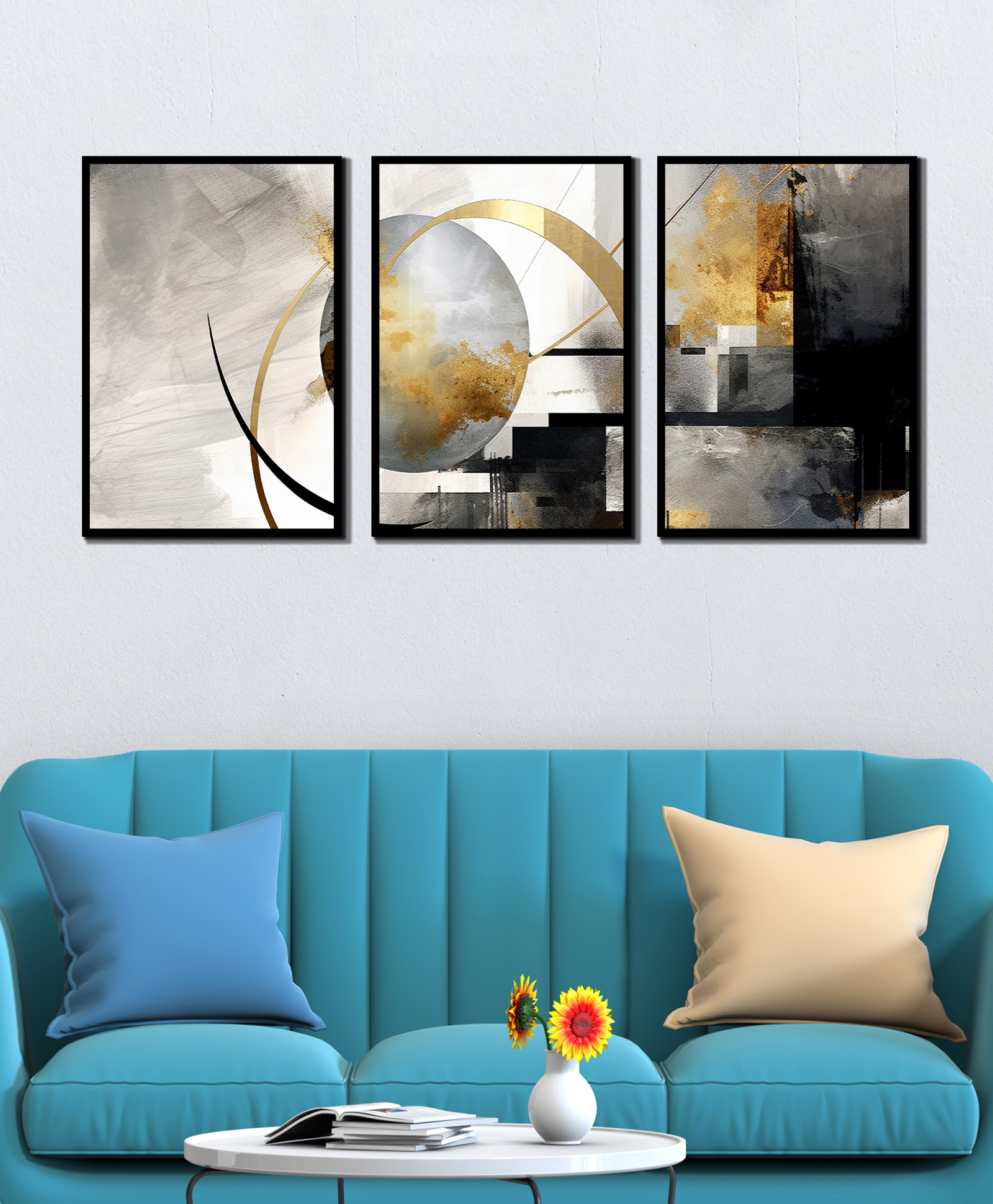 WENS Abstract Geometric Framed Canvas Set of 3 Painting for Home Decor 19 Inch x 39 Inch-picture-11