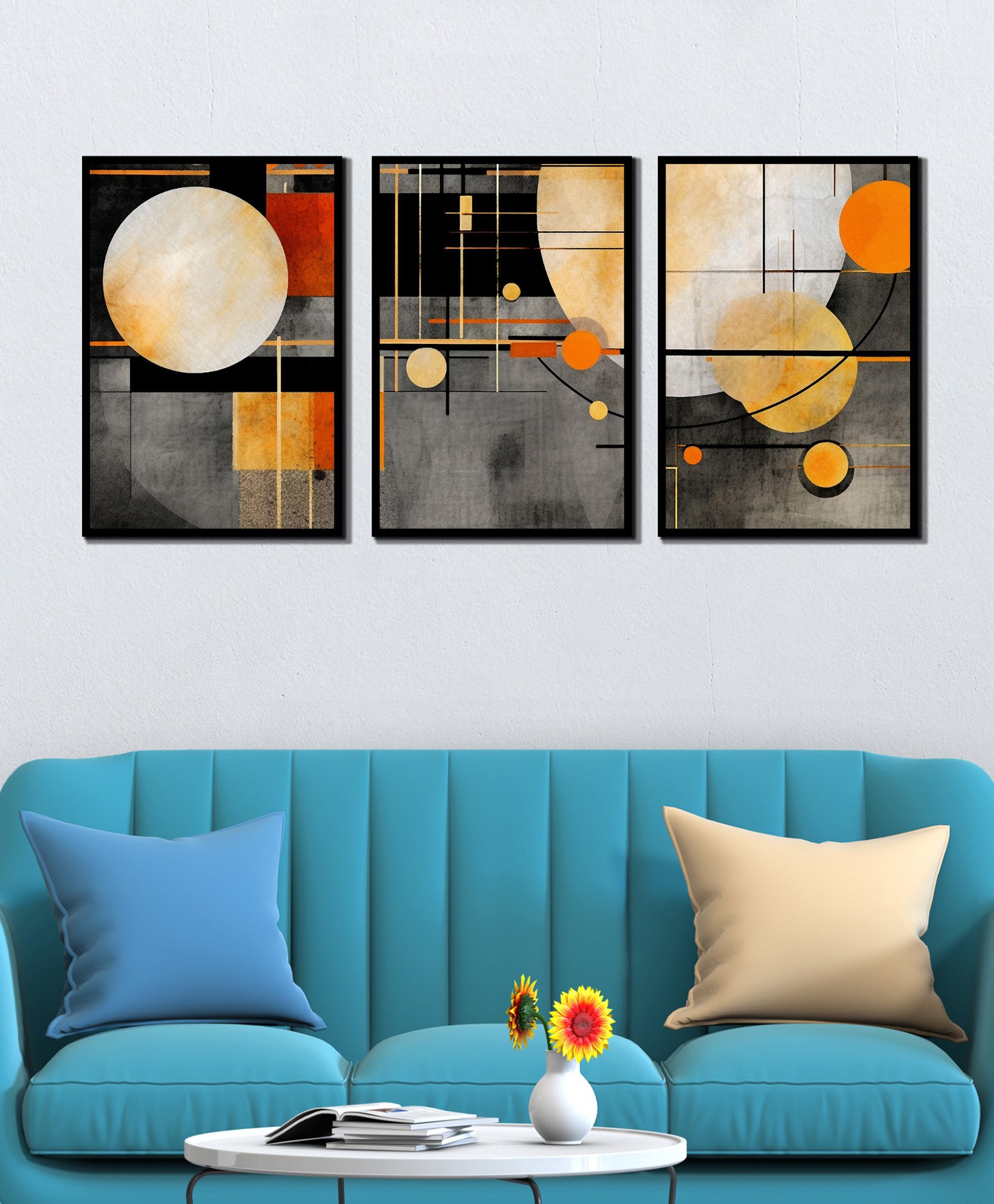 WENS Geometric Framed Canvas Set of 3 Painting for Home Decor 19 Inch x 39 Inch-image-32