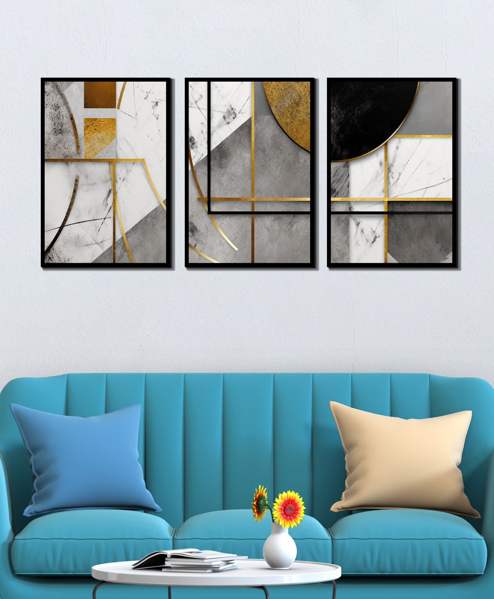 WENS Geometrical Gold Black Theme Framed Canvas Set of 3 Painting for Home Decor 19 Inch x 39 Inch-picture-14