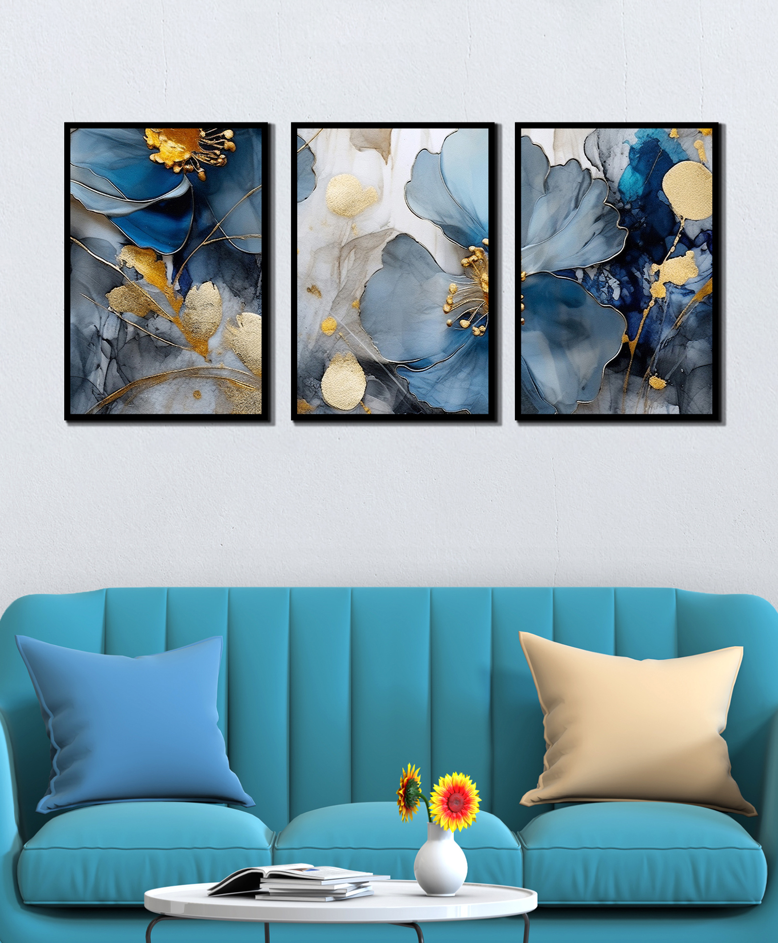 WENS Abstract Blue Flower Framed Canvas Set of 3 Painting for Home Decor 19 Inch x 39 Inch-image-13