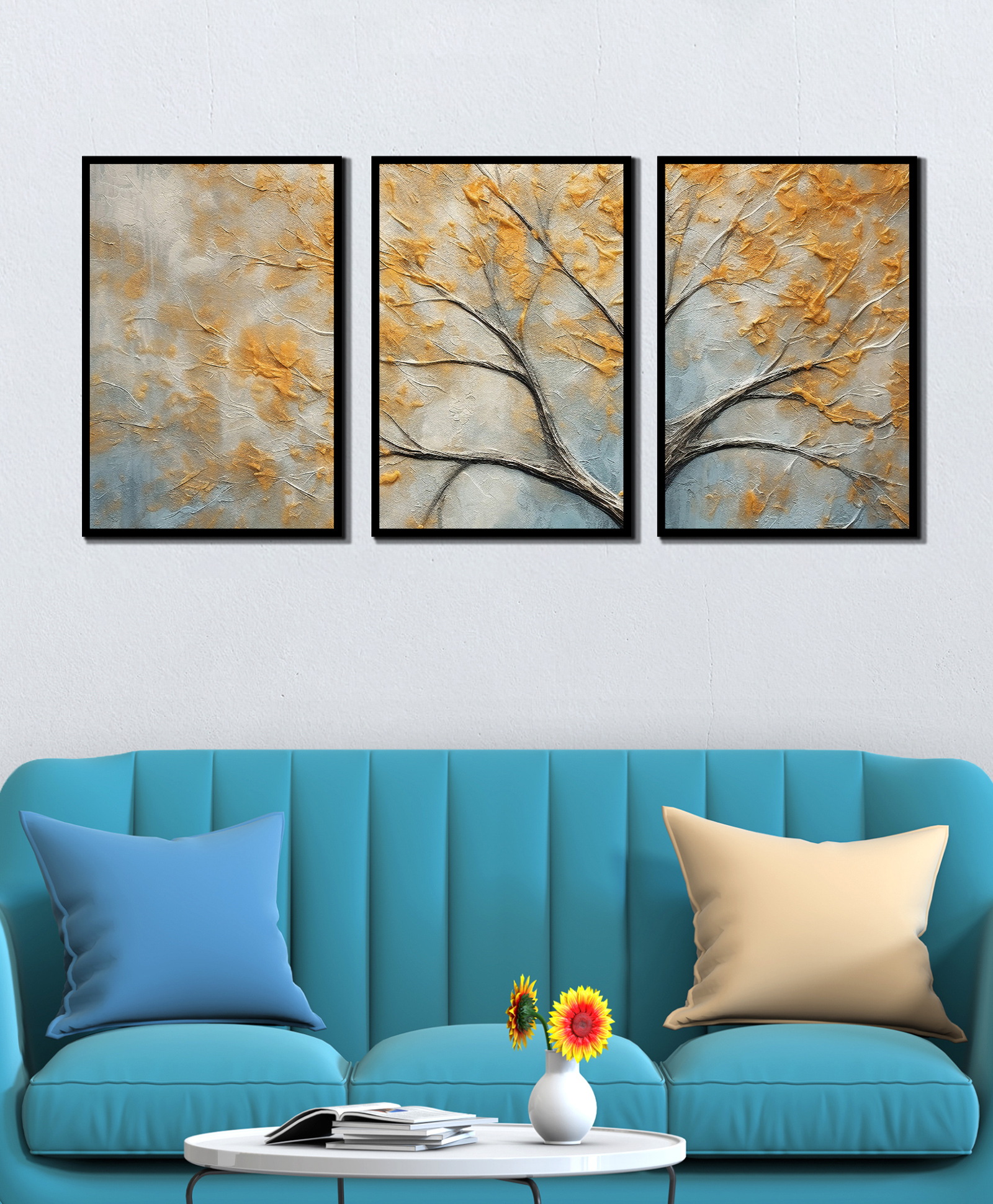 WENS Abstract Golden Tree Framed Canvas Set of 3 Painting for Home Decor 19 Inch x 39 Inch-image-9