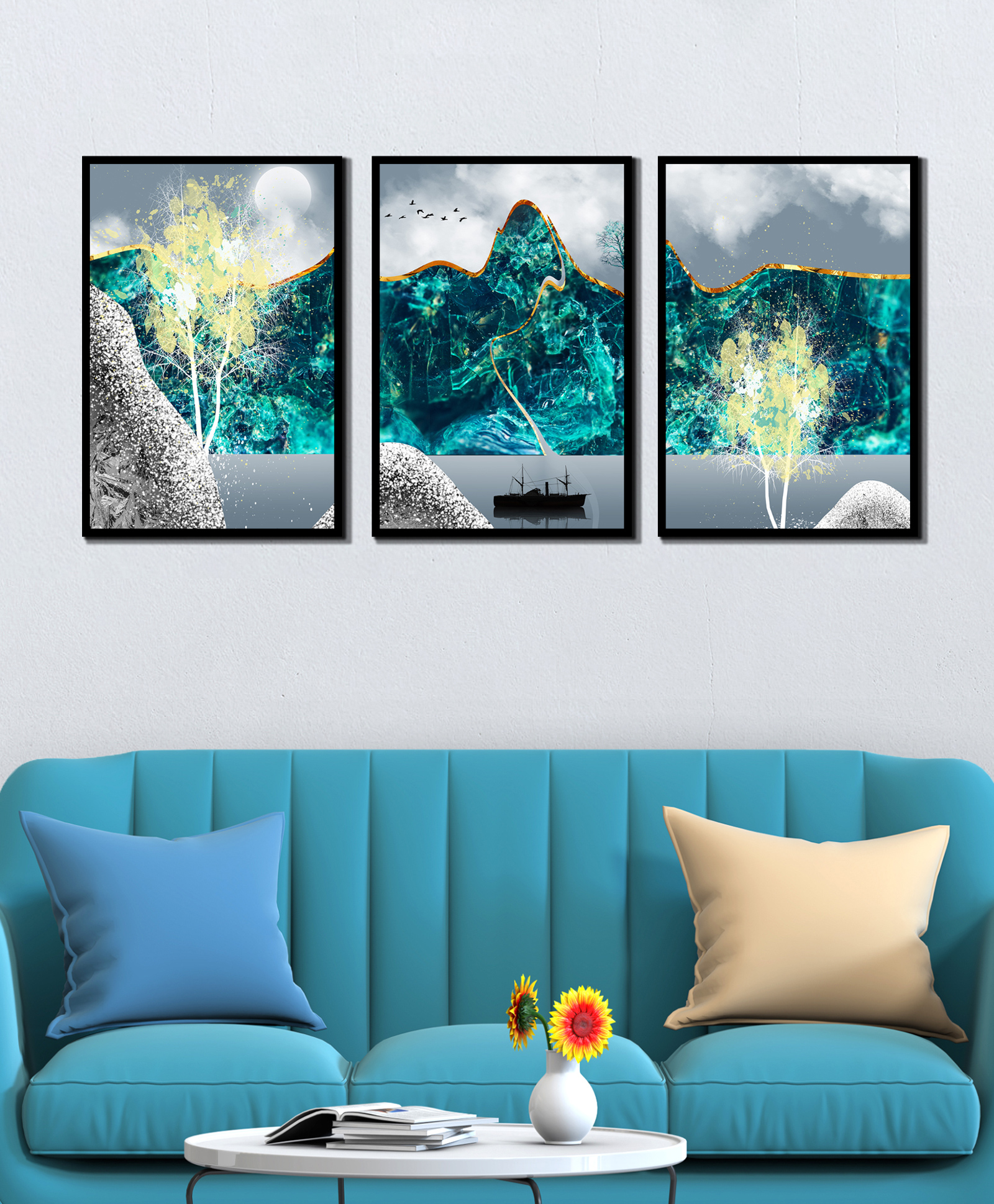 WENS Abstract Moon View Framed Canvas Set of 3 Painting for Home Decor 19 Inch x 39 Inch-image-15