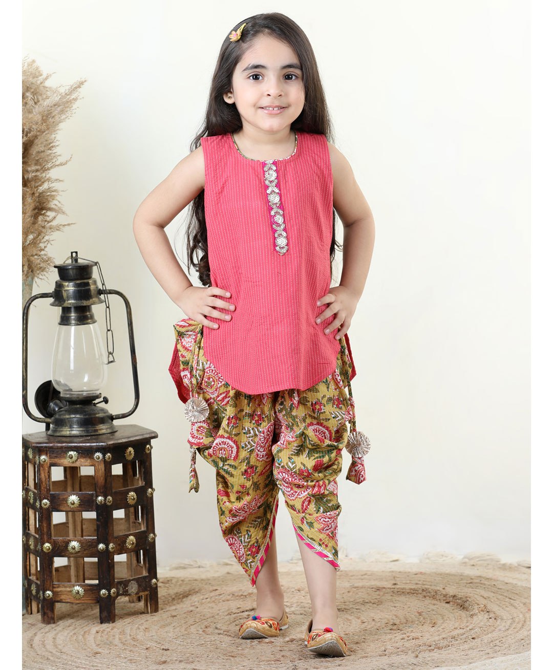 Kinder Kids Sleeveless Striped Self Design Placket Floral Sequin Embellished Katha Kurta & Coordinating Botanical Printed Dhoti - Peach-image-16