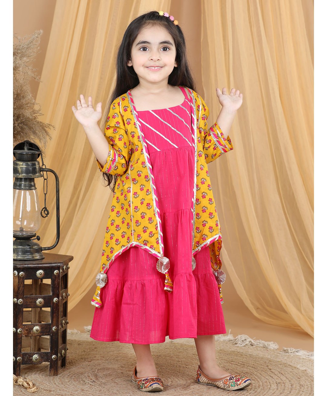 Kinder Kids Three Fourth Sleeves Lace Work Embellished   Dress With Floral Printed Tassel Detailed Jacket - Pink & Yellow-image-28