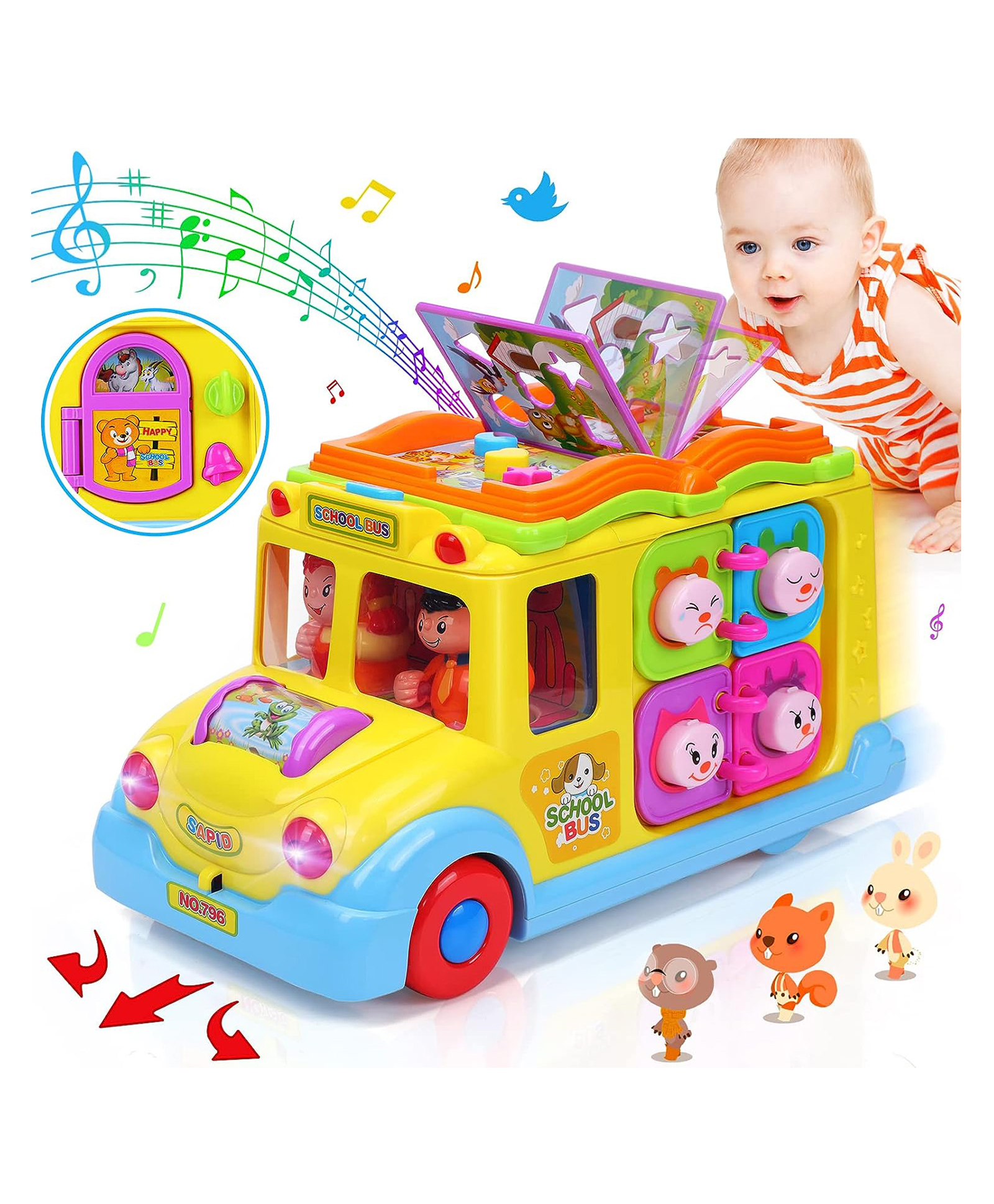 AKN TOYS Baby Intellectual School Bus Activity Toy Vehicle with Music Sounds and Lights for Toddlers (Color May Vary)-image-45