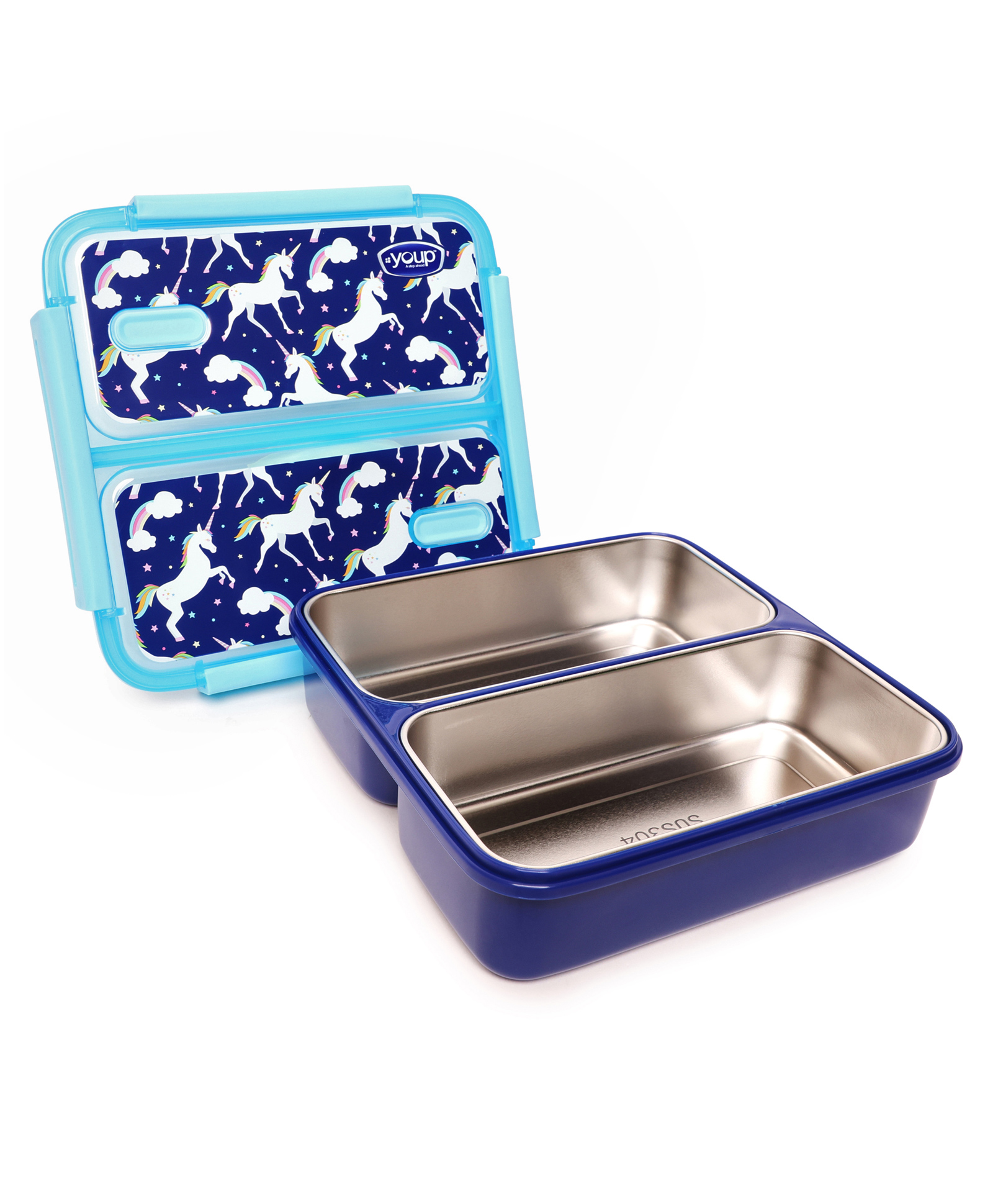 YOUP Stainless Steel Blue Color Unicorn Theme Kids  Bento Lunch Box With 2 Compartments PLUTO-1100 ml-picture-18