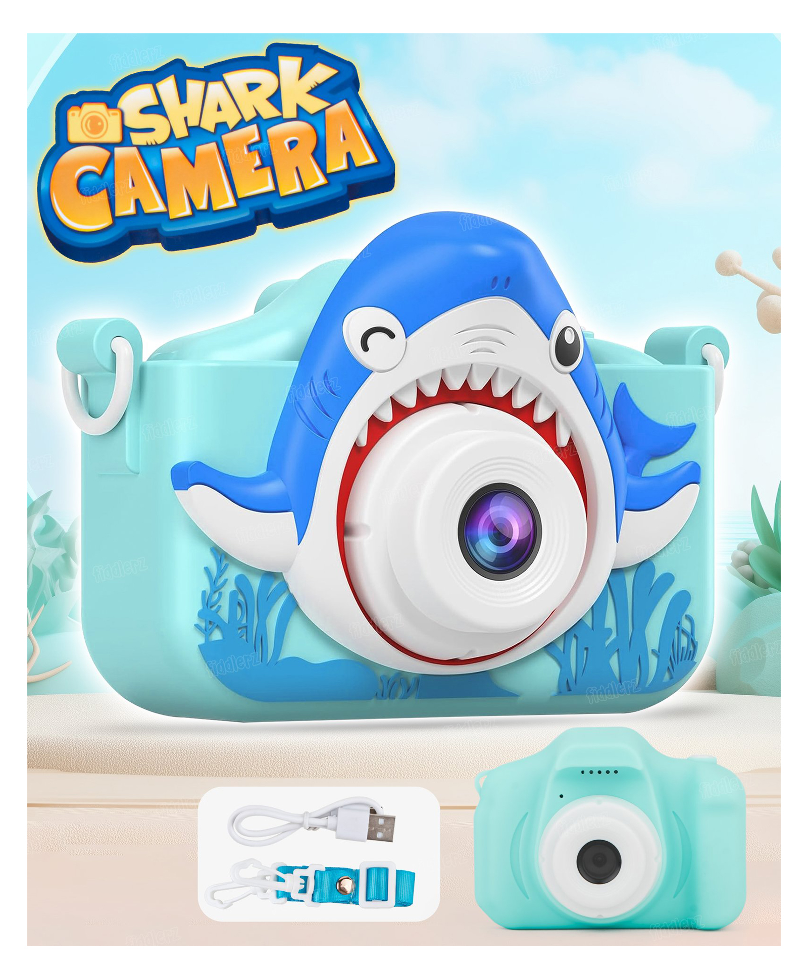 Fiddlerz Kids Camera 1080P HD 2.0 Inch Screen Birthday Gifts Camera for Girls Boys Shark Design - Blue-image-2
