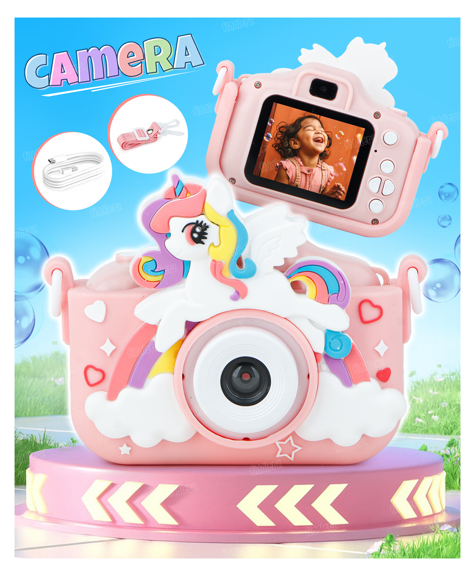 Fiddlerz Kids Camera 1080P HD 2.0 Inch Screen with 32GB SD Card Birthday Gifts Camera for Girls Boys Unicorn Design - Purple-image-22
