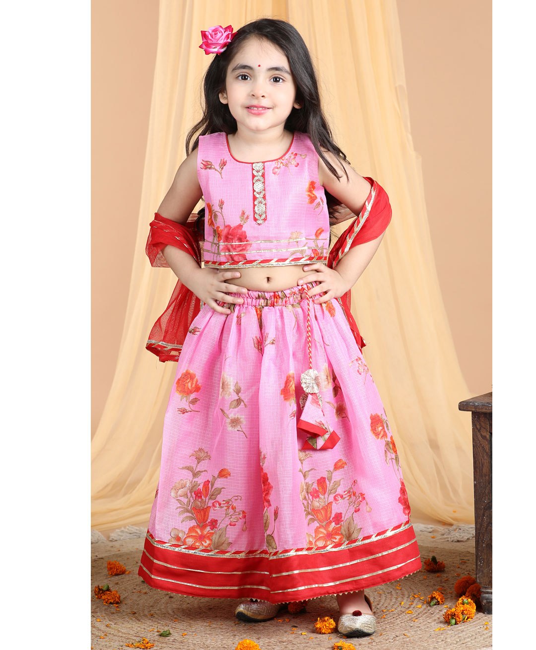 Kinder Kids Sleeveless Floral Printed & Gota Lace Embellished Coordinating Lehenga & Choli Set - Pink-image-47