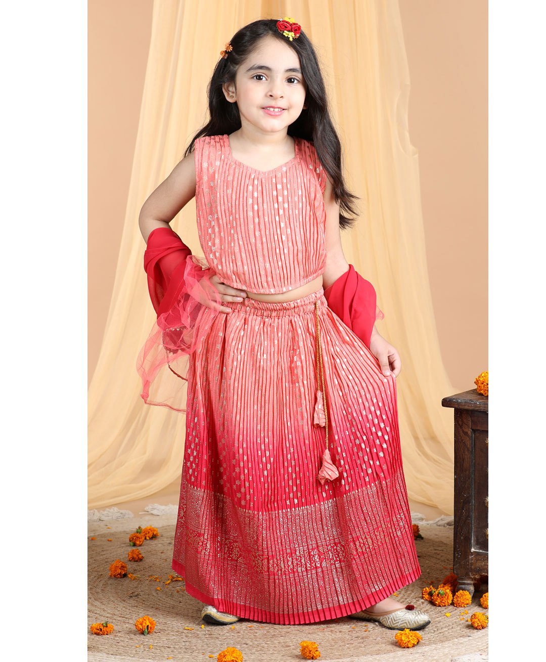 Kinder Kids Sleeveless Floral Foil Printed Accordion Pleated & Ombre Coordinating Lehenga & Choli Set - Peach & Red-image-14