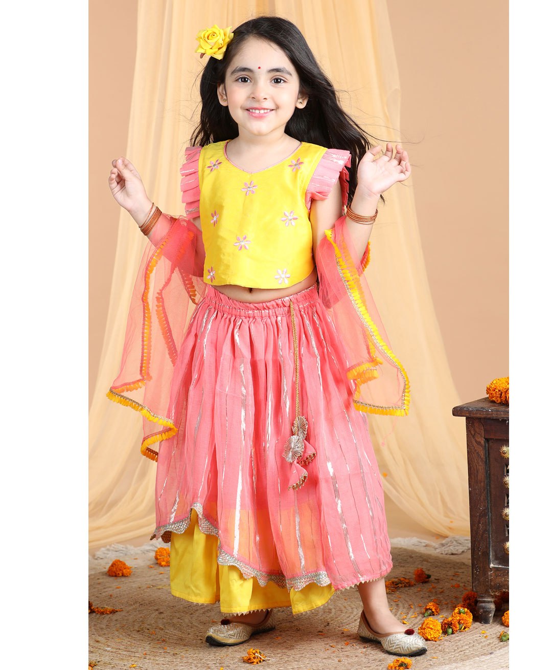 Kinder Kids Frill Sleeves Floral Embroidered Choli With Lurex Striped & Gota Lace Embellished Lehenga & Dupatta - Yellow & Pink-image-18