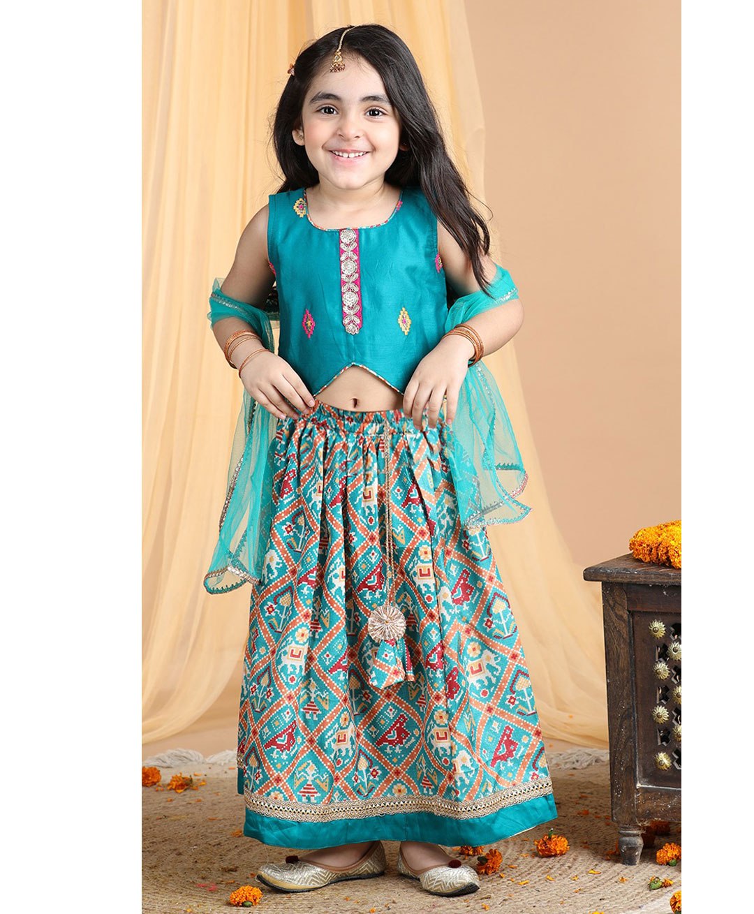 Kinder Kids Sleeveless Diamond Designed Embroidered & Placket Sequin Embellished Cross Cut Choli With Patola Printed Lehenga & Dupatta - Blue-picture-23