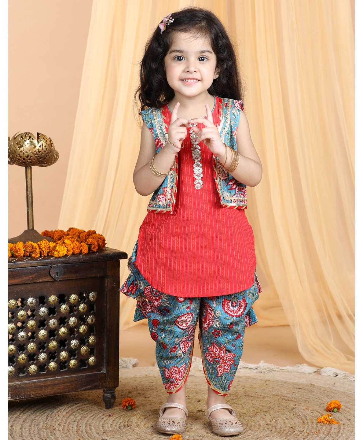 Kinder Kids Sleeveless Leheriya Placket Design Floral Sequin Embellished Striped Self Design Kantha Kurta & Floral Printed Dhoti With Coordinating Jacket - Blue & Red-image-40