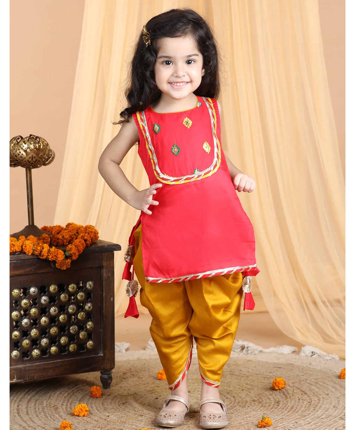 Kinder Kids Sleeveless Diamond Blocked Design   Embroidered & Gota Lace Embellished Kurti With Dhoti - Red & Yellow-picture-27