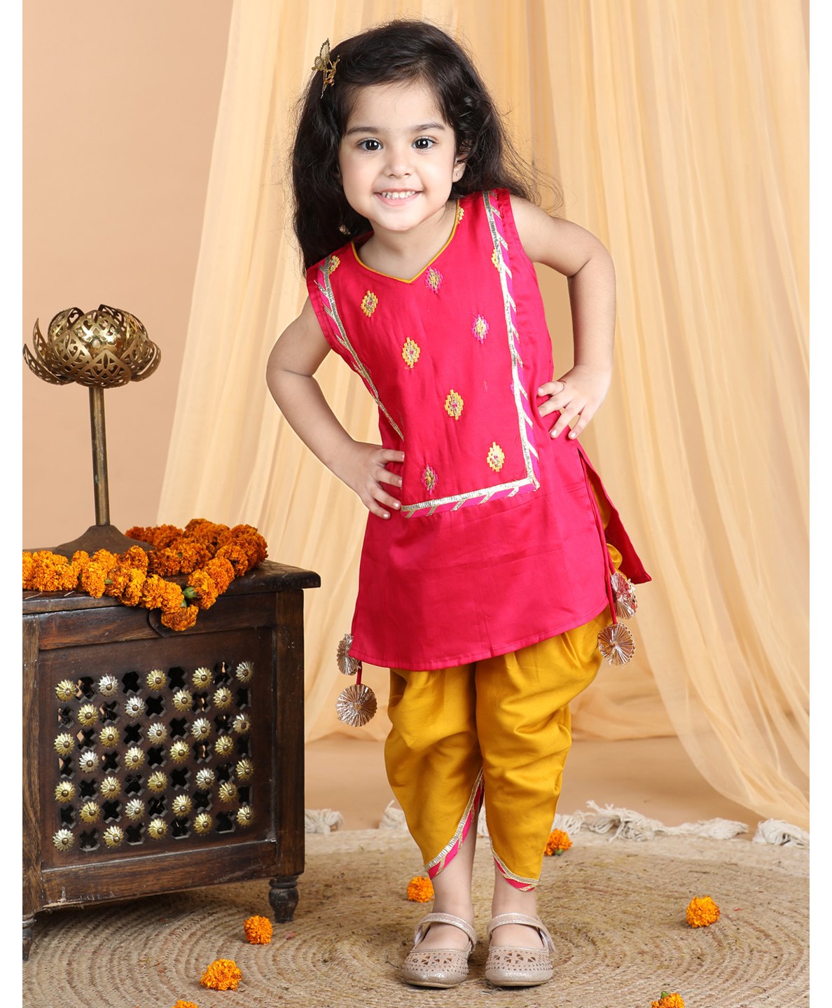 Kinder Kids Sleeveless Diamond Blocked Design   Embroidered & Gota Lace Embellished Kurti With Dhoti - Pink & Yellow-image-2