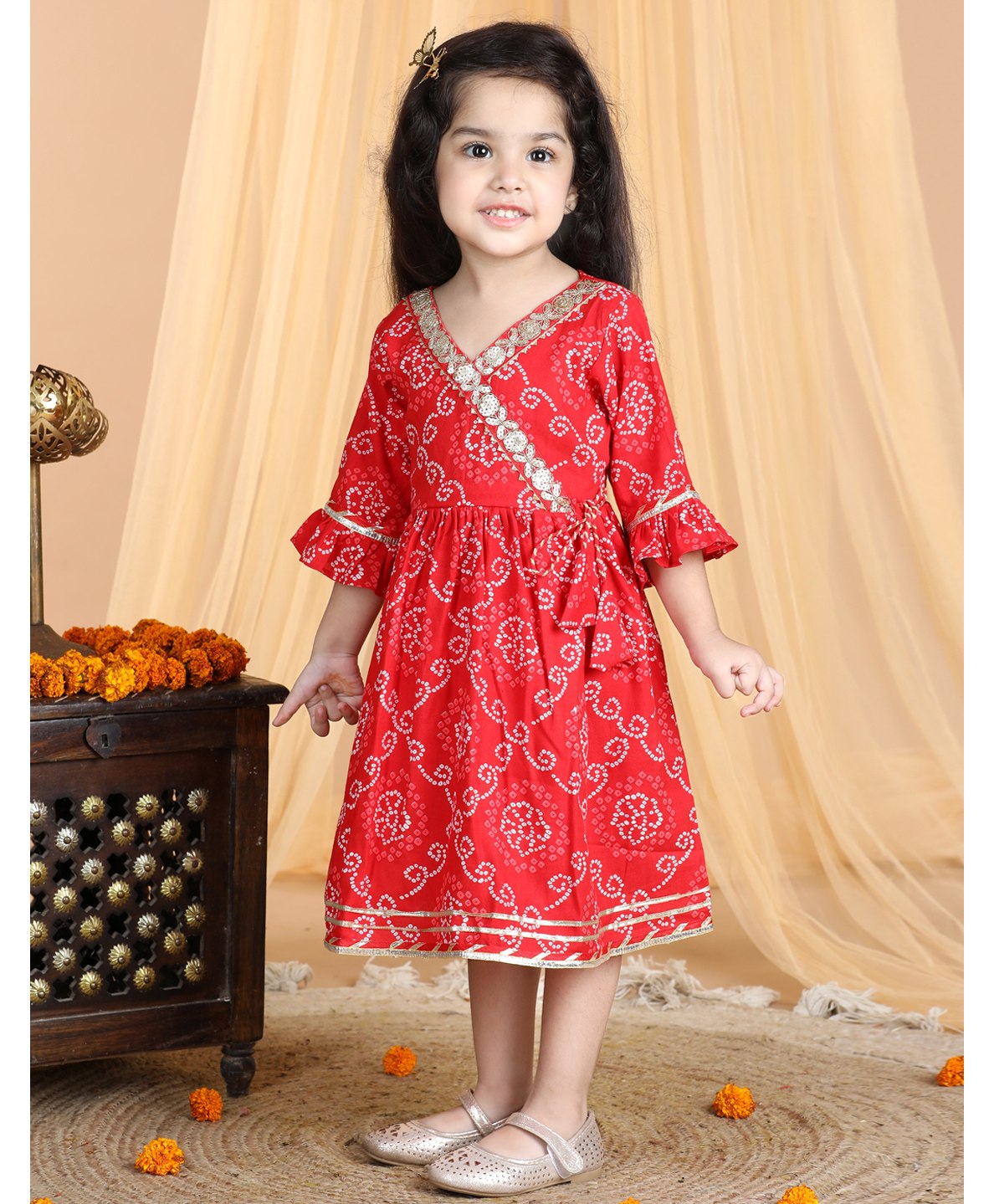 Kinder Kids Three Fourth Bell Sleeves Bandhej Designed & Sequin Lace Embellished Angrakha Style Fit & Flare Dress - Red-image-5