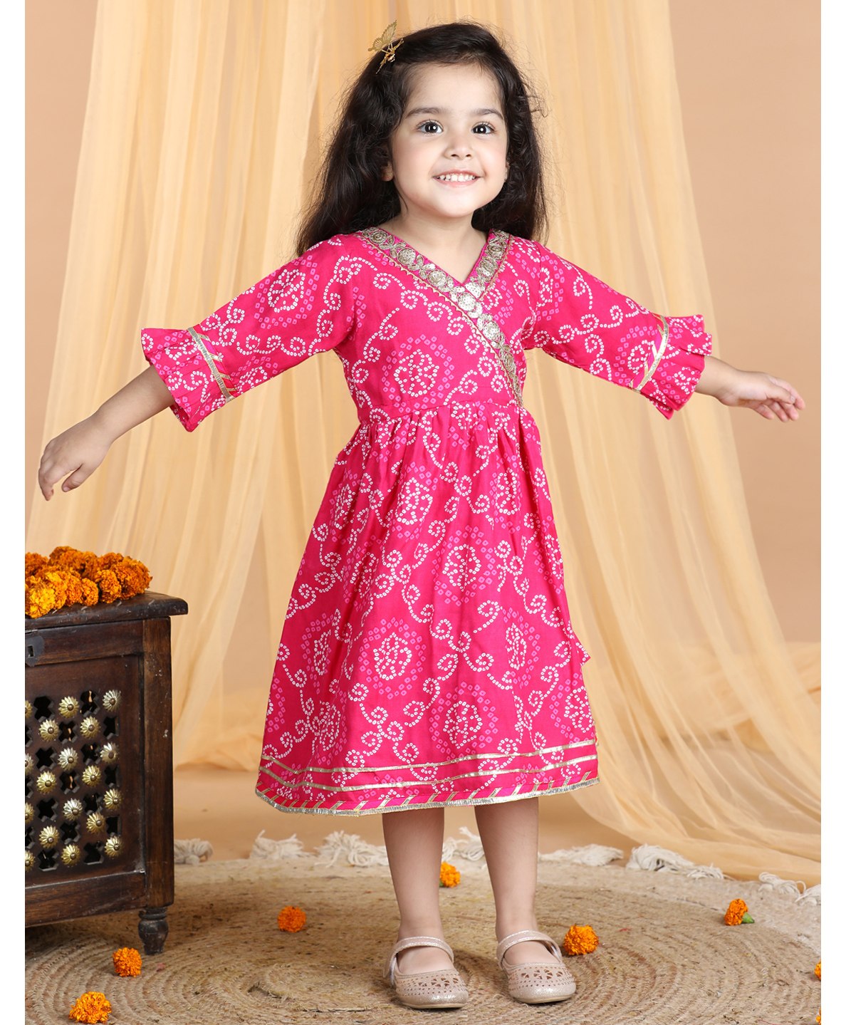 Kinder Kids Three Fourth Bell Sleeves Bandhej Designed & Sequin Lace Embellished Angrakha Style Fit & Flare Dress - Pink-image-33