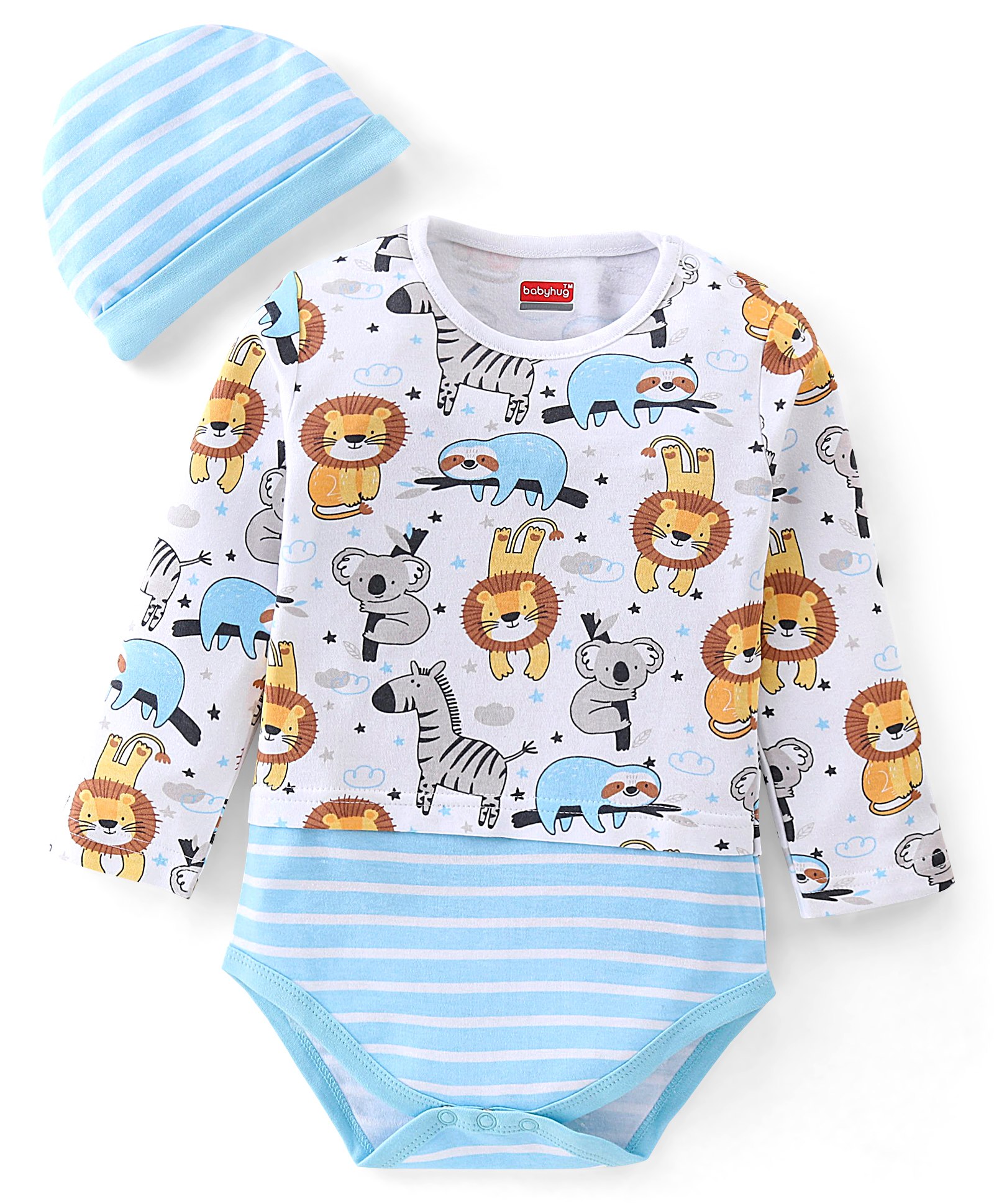 Babyhug 100% Cotton Knit Full Sleeves Onesie with Cap Lion Print - White-picture-15