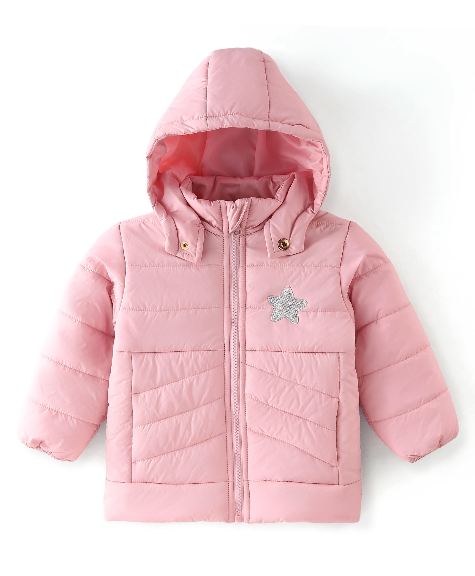 Babyhug Cotton Knit Full Sleeves Hooded Jacket With Star Patch - Pink-image-11