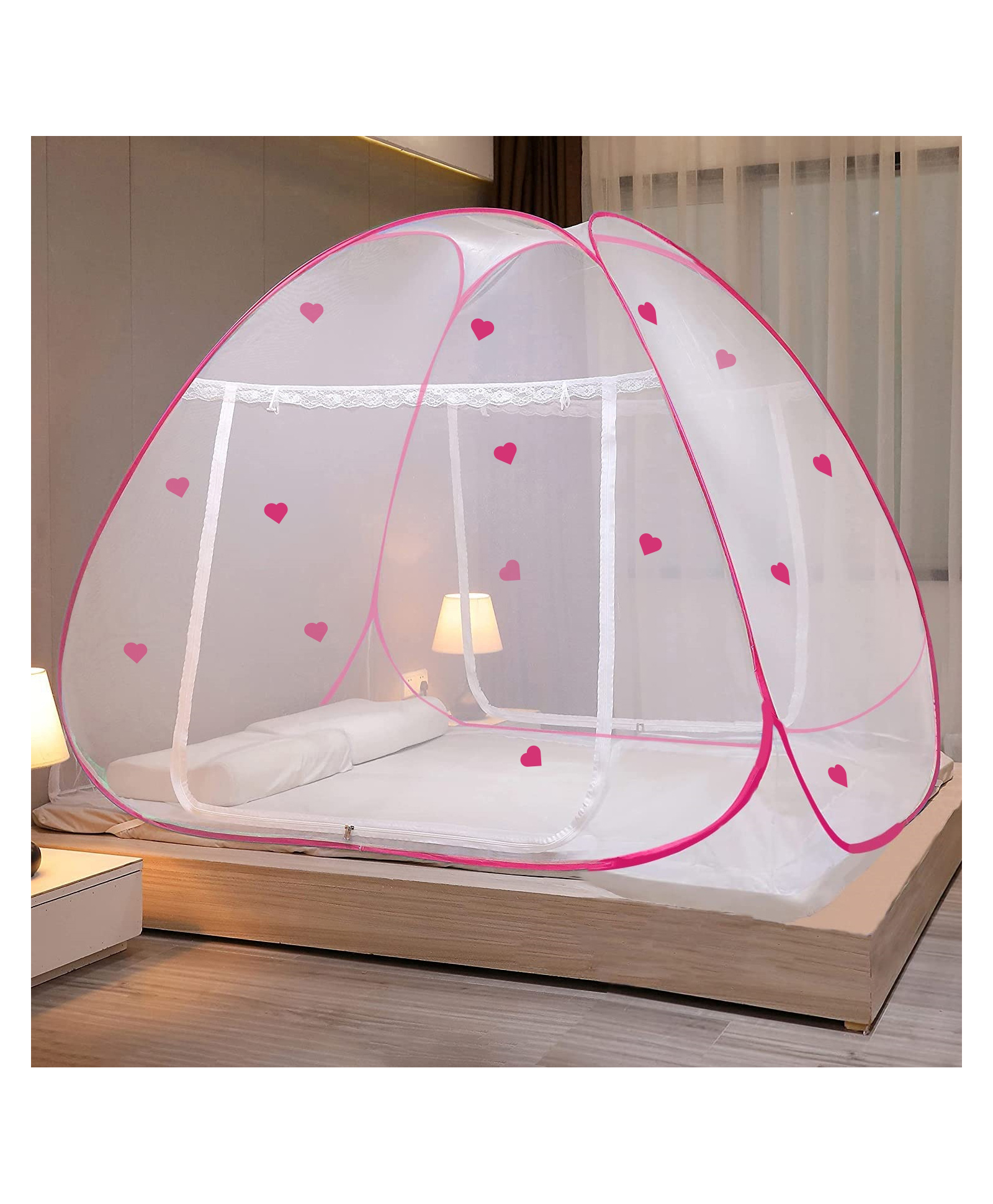 Evafly Mosquito Net for Double Bed Heart Design King Size Foldable Machardani -Pink-picture-33